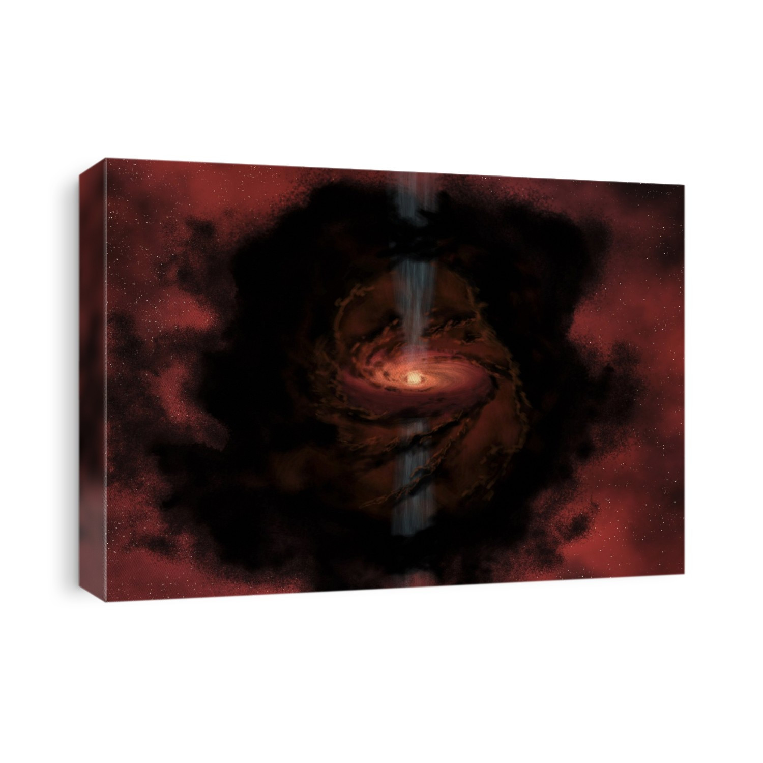 Stellar nursery. Computer artwork showing a cosmic nursery as a star is born from a dark swirling dust and gas cloud. Stars form when dark dust from the cloud begins to clump together under the influence of its own gravity. The in-falling material forms a disk as it spirals inward, which feeds material onto the forming star at its centre, while planets form out of the remnants of the disk of material that surrounds the infant star. Jets of material that shoot from the inner disk and protostar herald its birth.