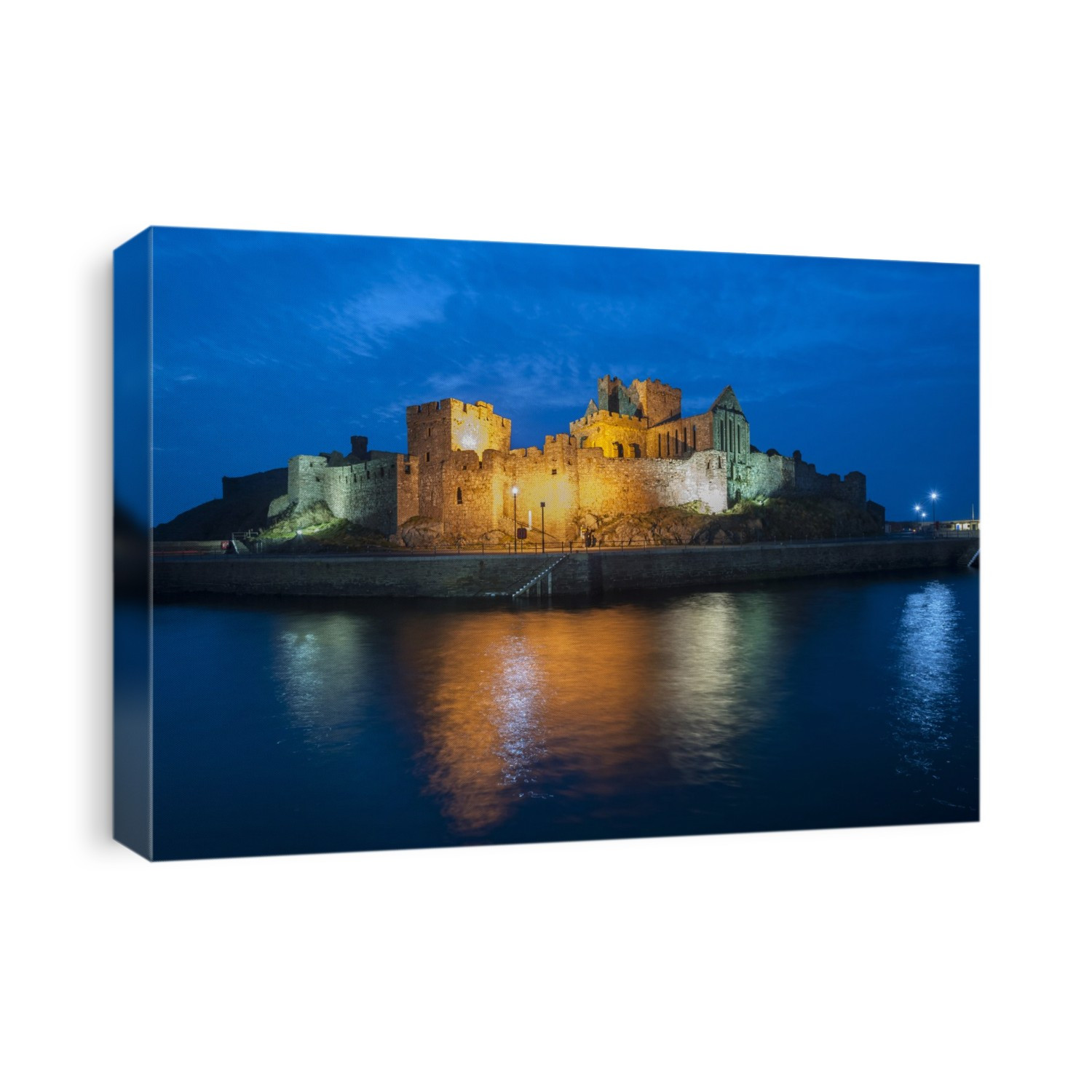 Peel castle reflected at night.