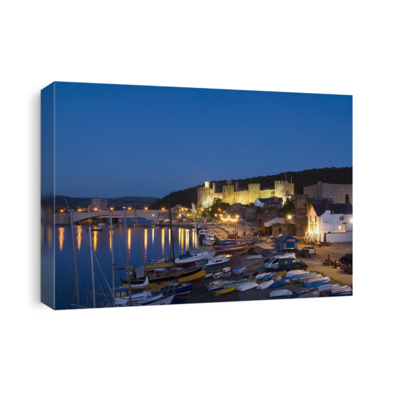 A view toward Conwy Castle at night.