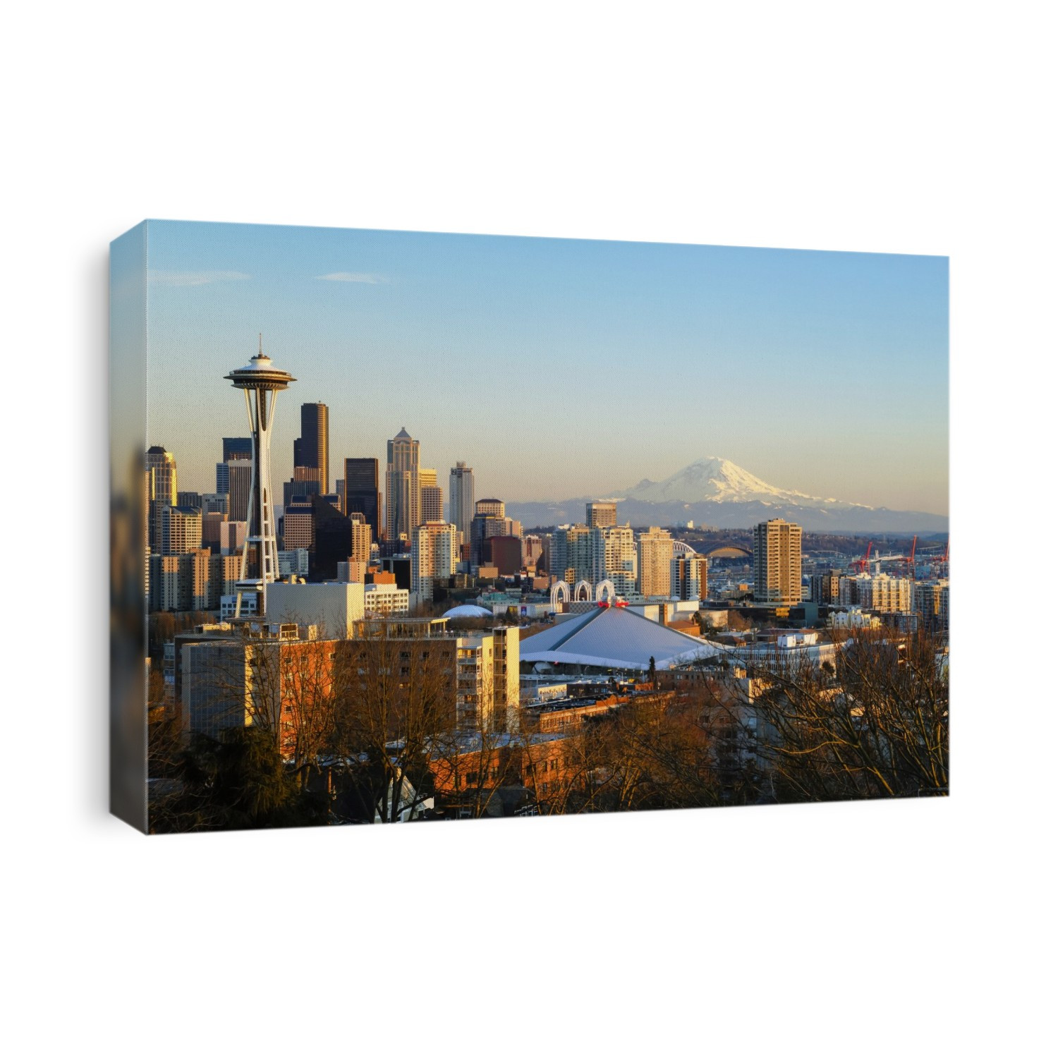 Washington, Seattle, Cityscape Of The Space Needle And Mount Rainier.
