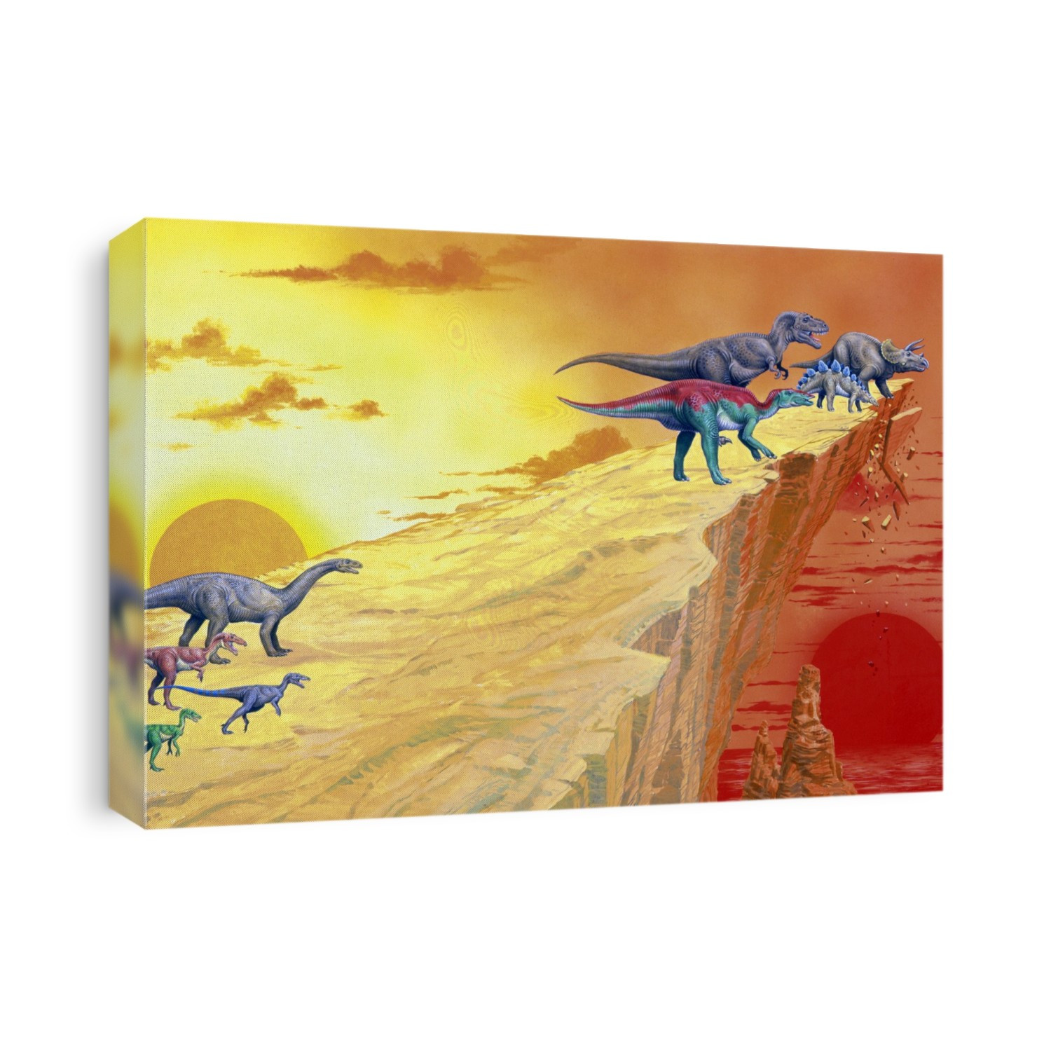 Carnivorous dinosaurs hunting herbivores. Computer illustration of a group of different carnivorous dinosaurs (lower left and upper right) that have chased two herbivores (top right), a ceratops (frilled neck) and a stegosaur (sail backed), on to the edge of a cliff.