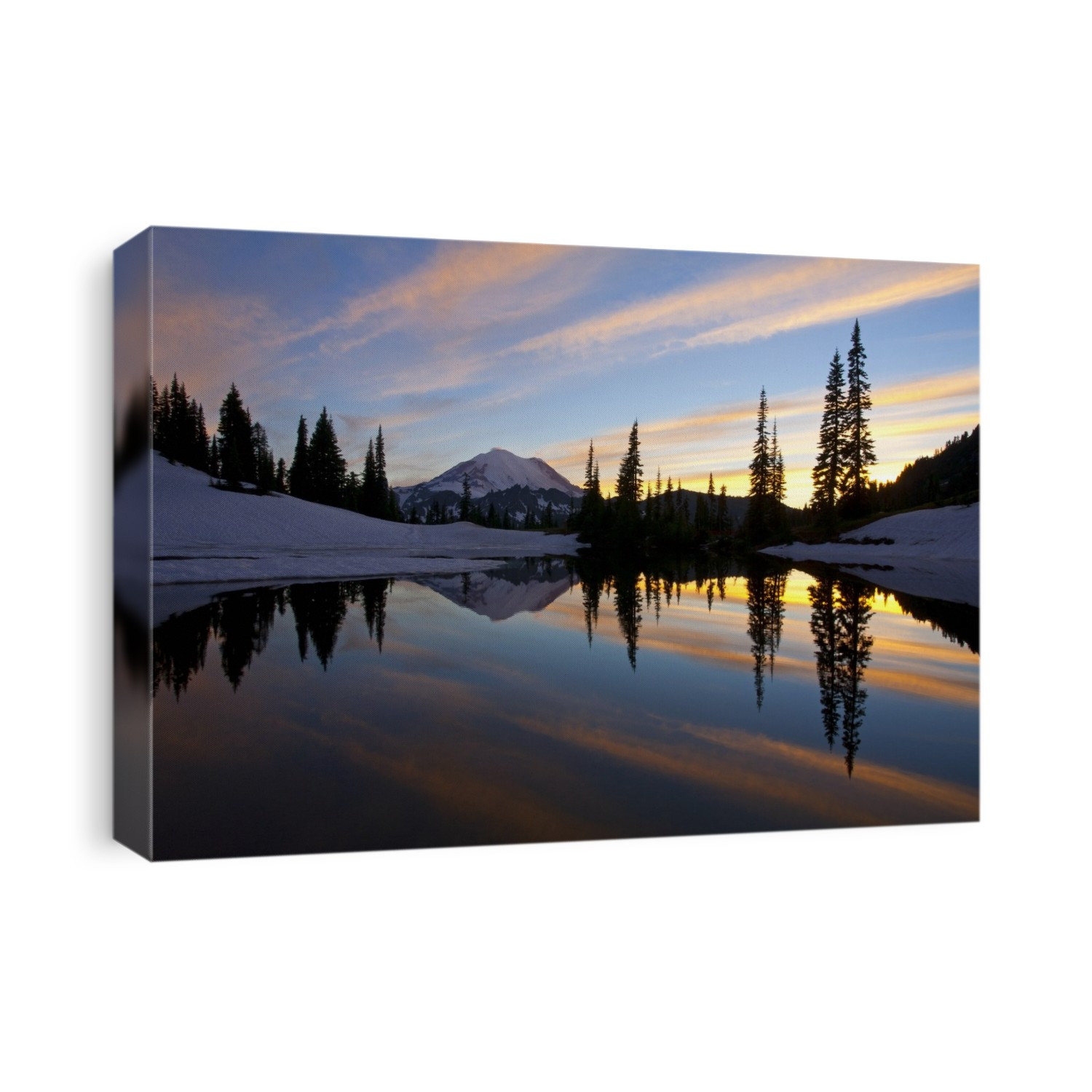 Mirror image of Mount Rainier and forest reflected in Tipsoo Lake at sunset in Mount Rainier National Park; Washington, United States of America