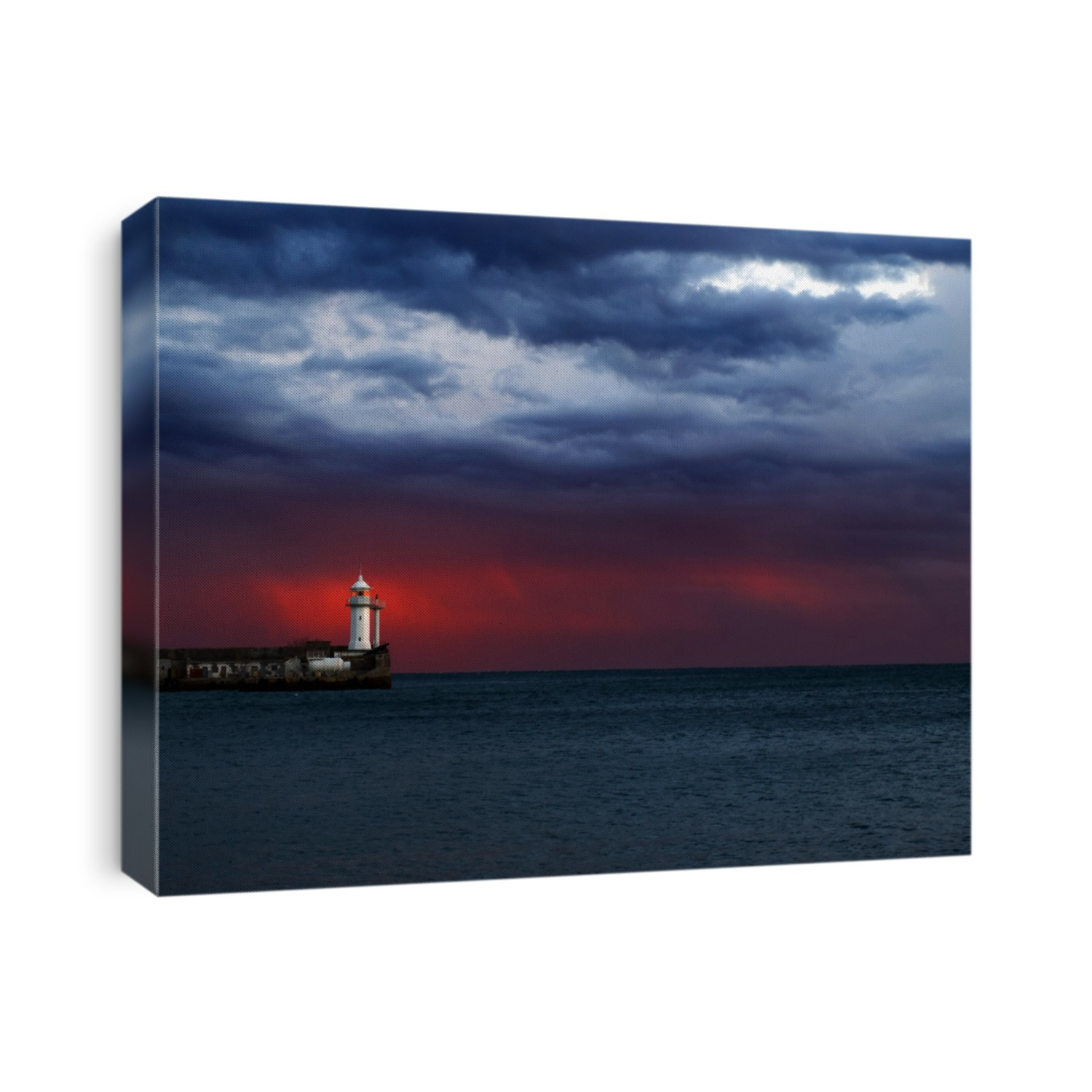 Lighthouse on sea and thunderstorm clouds.