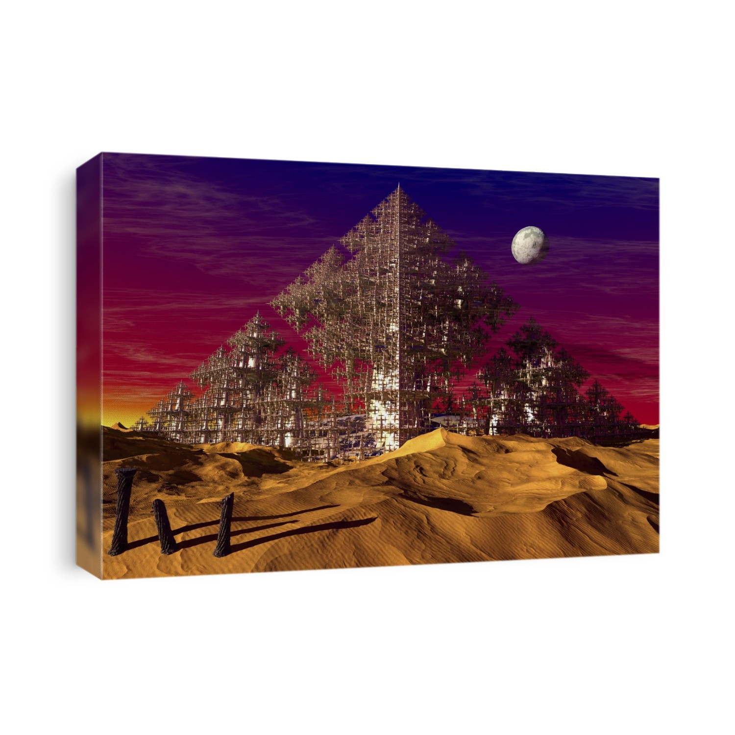 Desert pyramid fractal. Artwork of a desert landscape with a moon in the sky and a three-dimensional fractal consisting of a pyramid constructed of millions of cones. Fractals are geometric patterns that are recursively generated and have the same overall appearance at all levels of magnification. Fractal geometry can be used to derive the complex shapes found in nature. Fractals are also used to create models for real-world non-linear phenomena such as stock market prices, plant growth, the erosion of coastlines and fluid turbulence.
