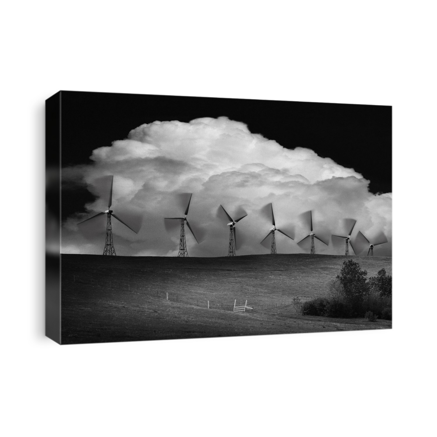 Black And White Of Wind Generators With Cloud In Background