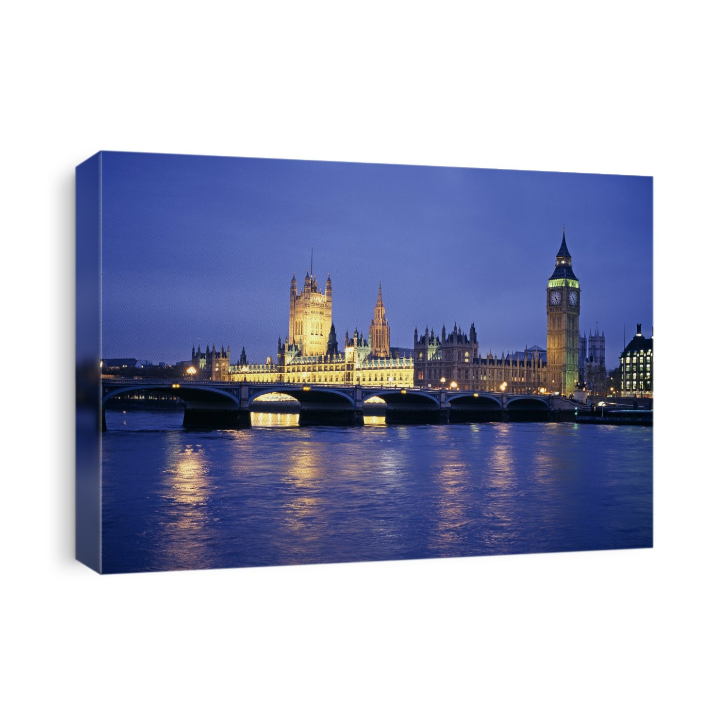 Big Ben and the Houses of Parliament at night. Also known as The Palace of Westminster, The Houses of Parliament includes The House of Commons, The House of Lords and Westminster Hall. Contrary to popular belief, Big Ben does not refer to the clocktower, but to the bell that strikes within it. The light above Big Ben is illuminated, indicating that Parliament is in session.