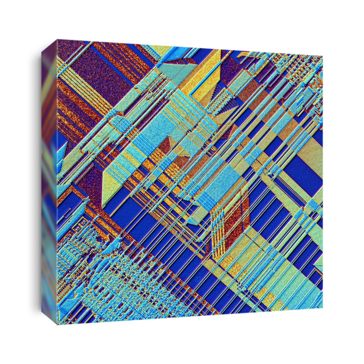 Computer chip. Coloured light micrograph of the surface of an integrated chip from a computer. This integrated circuit has been made by imprinting microscopic electronic components onto the surface of a wafer of silicon. Integrated circuits can be made much smaller than non- integrated circuits, which have to consist of separate components. Magnification 60x at 6x6cm size