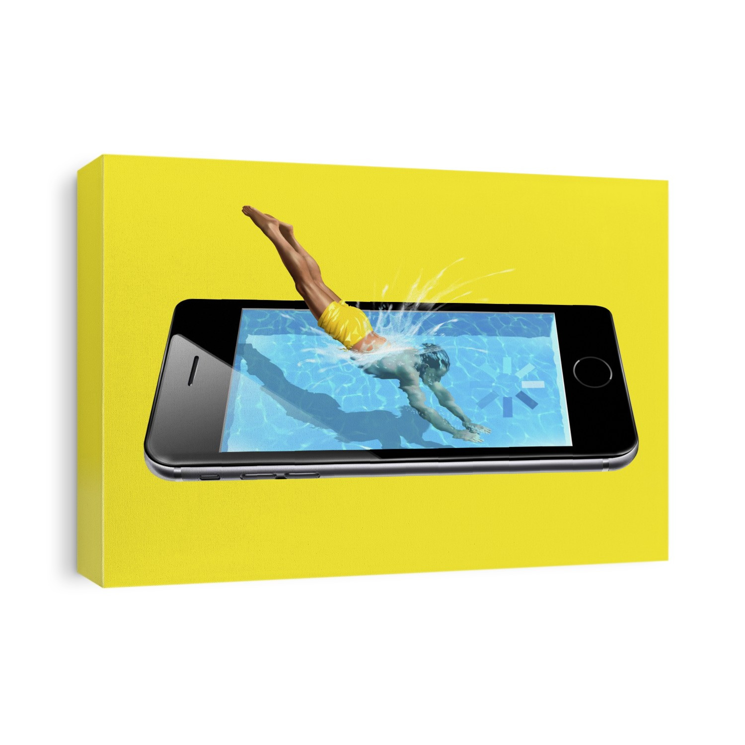 Smartphone immersion. Conceptual image of a man diving into a smartphone depicted as a pool of water, representing the immersive and addictive aspects of modern telecommunications.