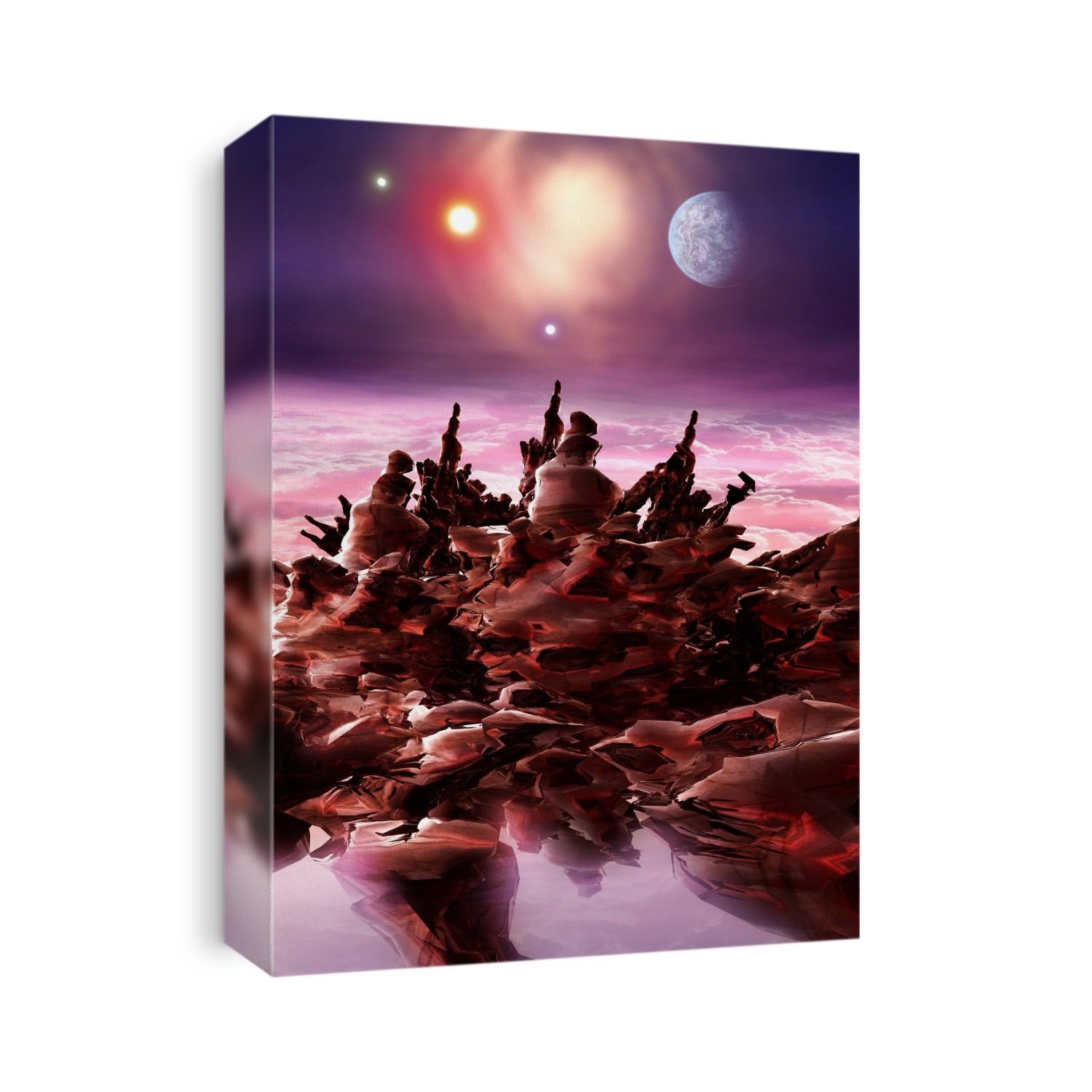 Planet surface with other planets in the distance, computer illustration.
