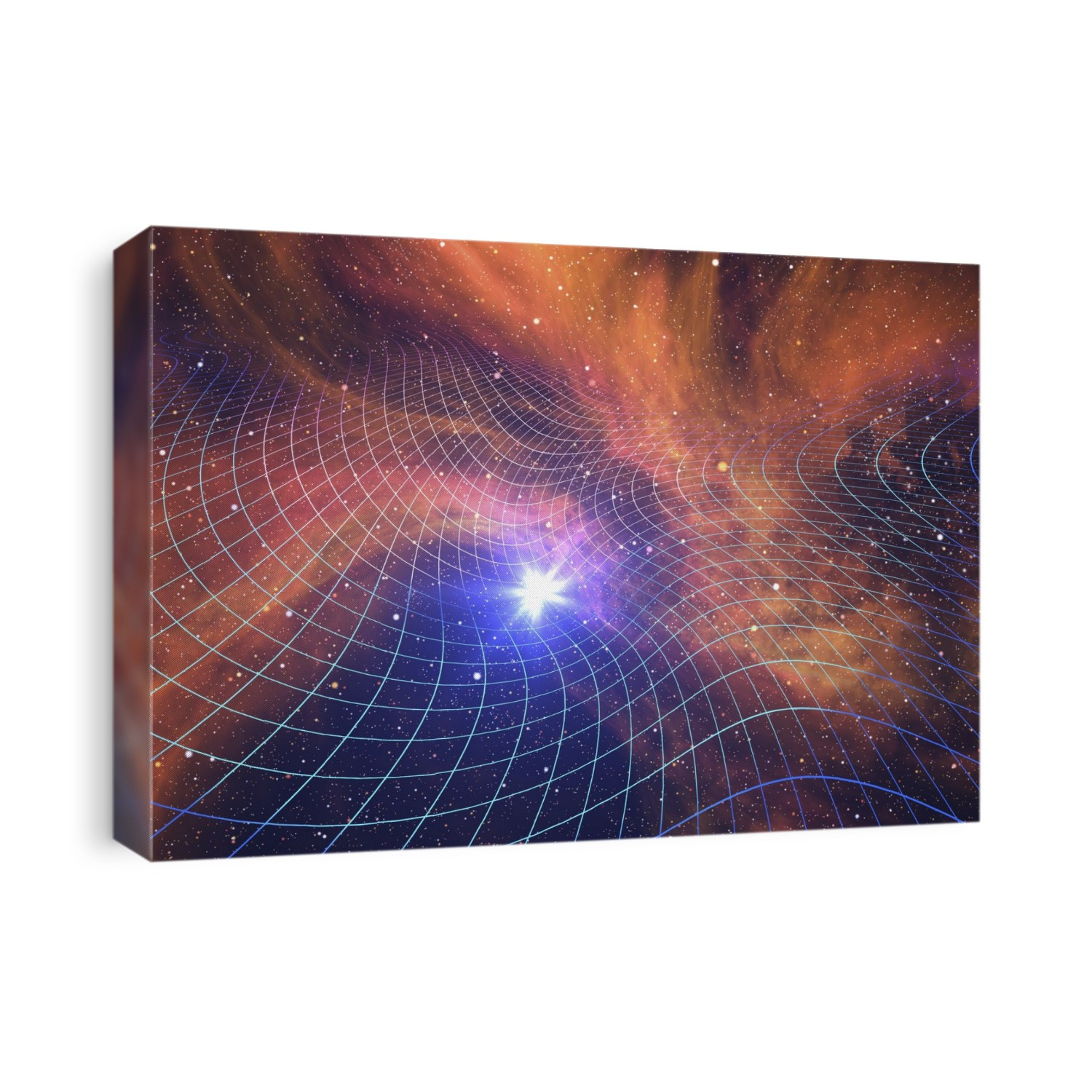 Artwork illustrating the concept of warped space. The fabric of space is represented as a grid in which objects of increasing mass produce increasingly large distortions. The idea that space is distorted by gravity is a consequence of Einstein's Theory of Relativity. The grid of space is like a thin rubber sheet on which objects of varying mass produce smaller or larger dents.