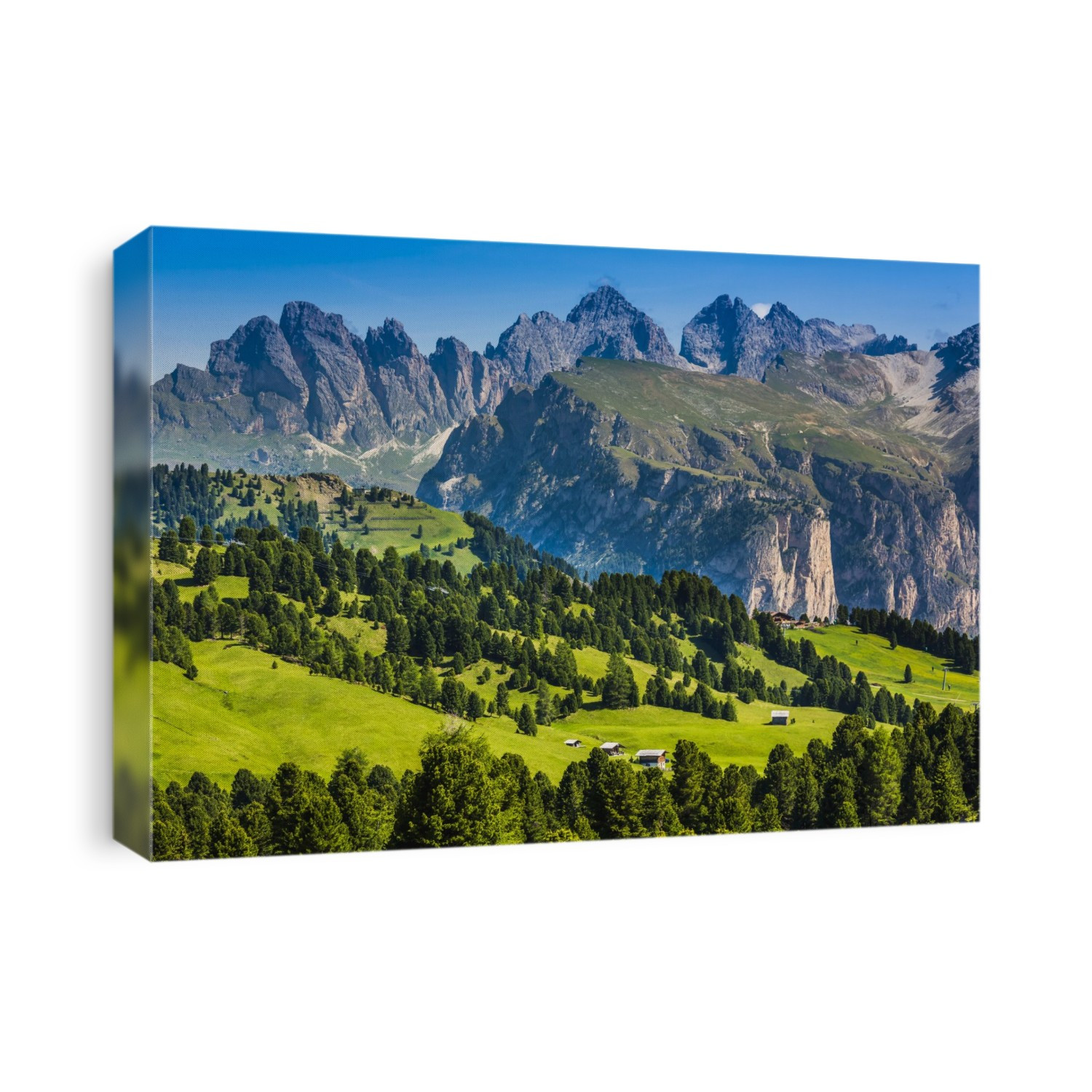 Scenic vista of the grassy mountain side and the jagged mountain tops at the Sella Pass in the Dolomites in South Tyrol, Italy