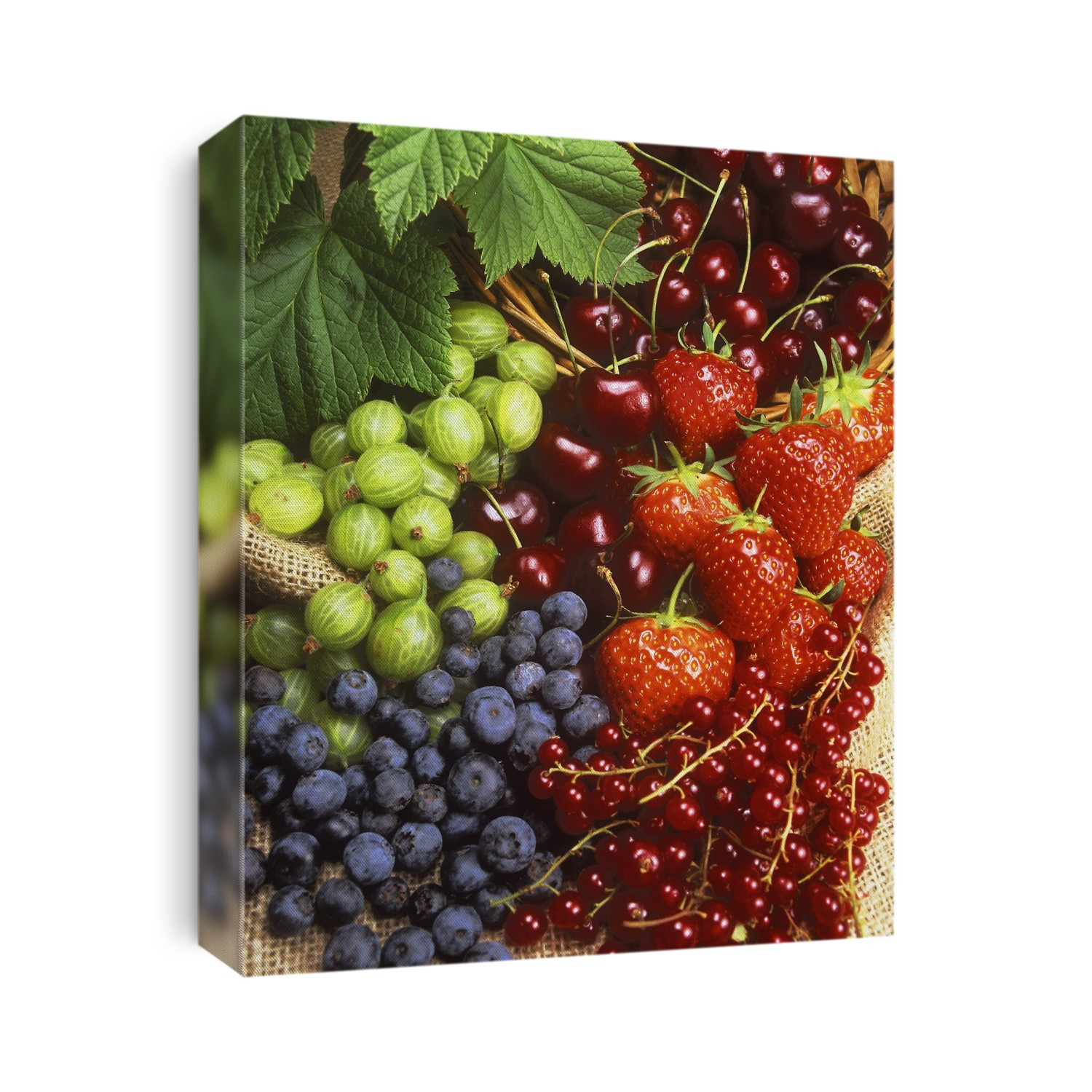 Assortment of summer fruit. These are Strawberries (Fragaria sp.) right, redcurrants (Ribes rubrum) lower right, blueberries (Vaccinium sp.) lower left, gooseberries (Ribes uva-crispa) left and cherries (Prunus sp.) at top.