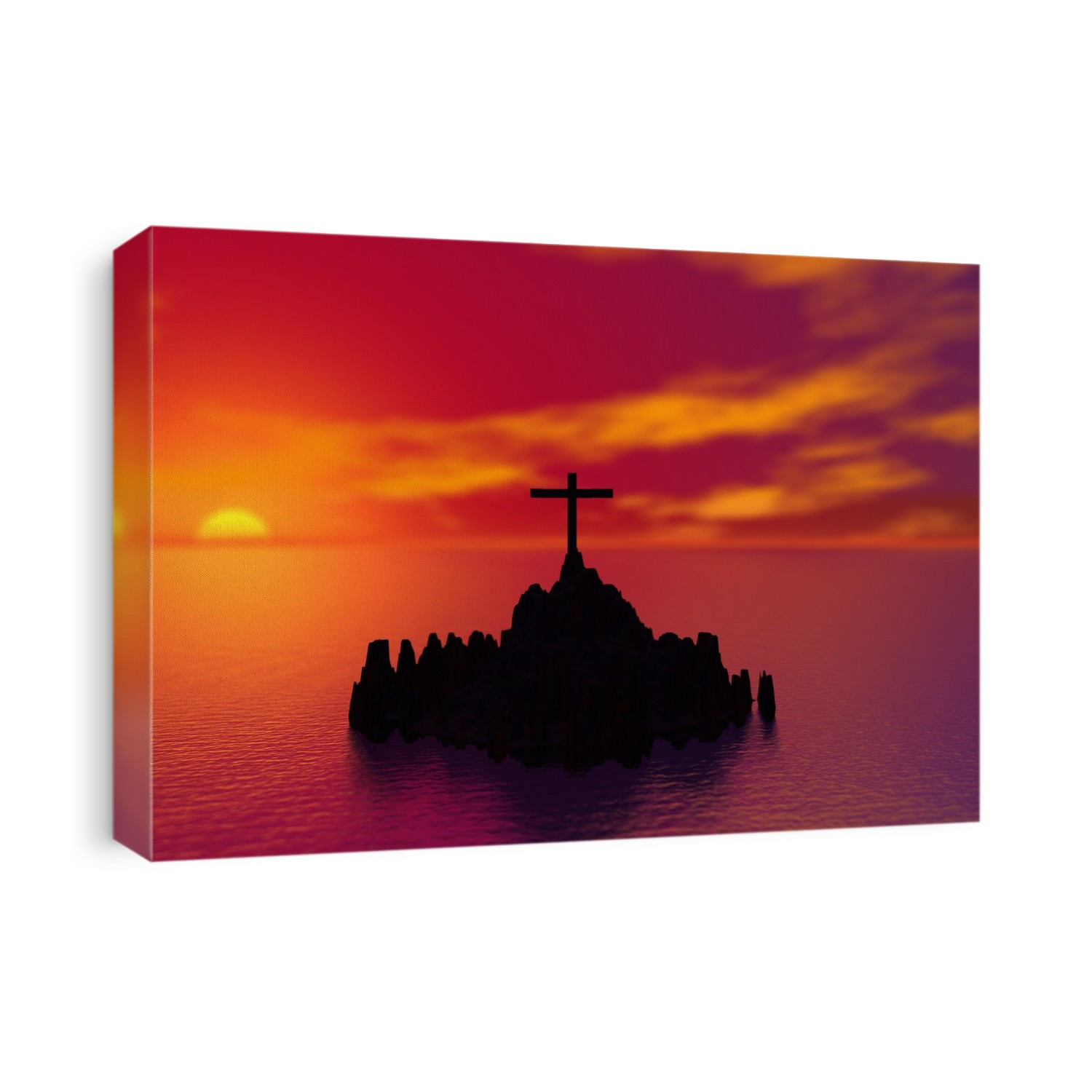 Sunset On A Cross On Rocks In The Middle Of A Lake