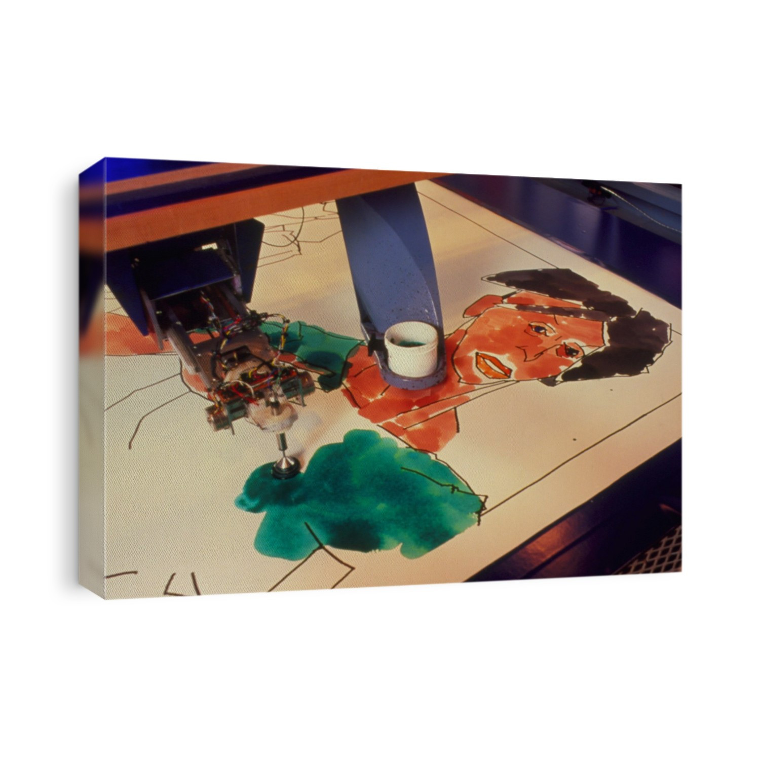 Robot artist. A robot paints an original artwork composed by a computer. This robot is controlled by AARON - a computer program that uses artifi- cial intelligence to compose its own art. The robot consists of a small arm that moves over an 8x6 foot table, changing brushes and mixing paints as it needs to. AARON runs on a powerful Silicon Graphics workstation computer and takes several hours to create a new picture - usually human figures against a simple background. The robot then takes most of a day to transfer this to paper using delicate techniques befitting a fine artist.