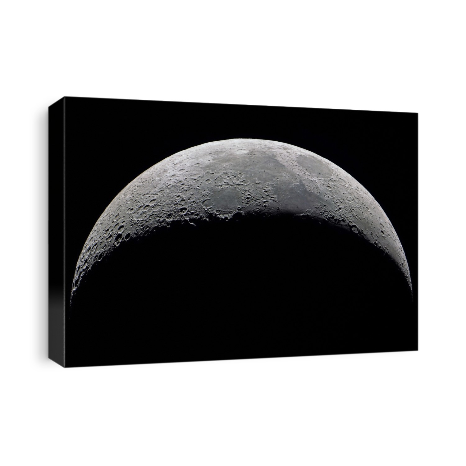 Waxing crescent Moon. The Moon is said to be waxing when it is increasing in apparent size. At this stage, the Moon is halfway between New Moon and first quarter (half Moon). The side of the Moon facing Earth has both bright cratered highlands and more recent dark lunar "seas" (maria). These are low basins that were flooded with lava, which then solidified.
