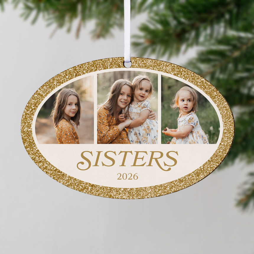 Sisters Sparkle Photo Collage Oval Ornament
