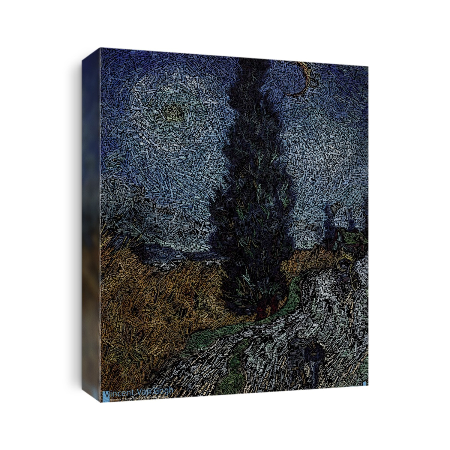 Van Gogh painting as data art. Artwork based on 'Country road in Provence by night', originally painted by Vincent van Gogh and rendered here using the words 'the way to know life is to love many things' repeatedly. This quotation has been attributed to Van Gogh.