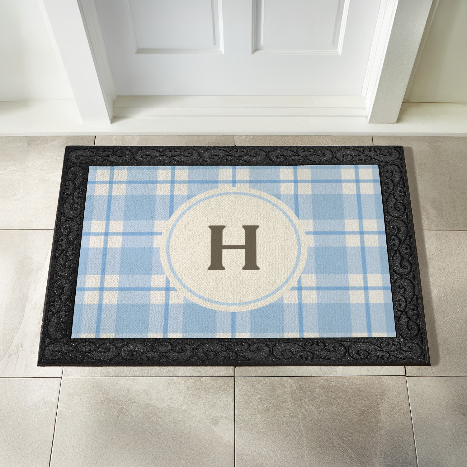Pastel Plaid Initial Doormat