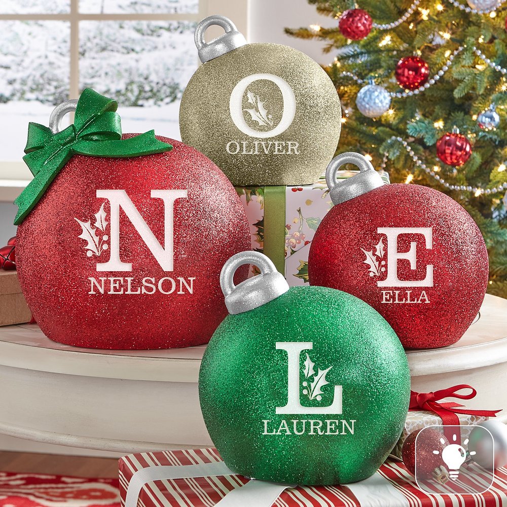 Light-Up Holly Initial Gitter Tabletop Ornament