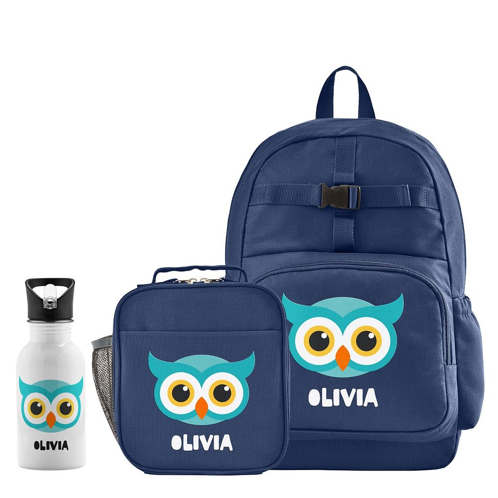 Cheerful Animals Backpack + Lunch Box + Water Bottle - Navy Blue - Owl