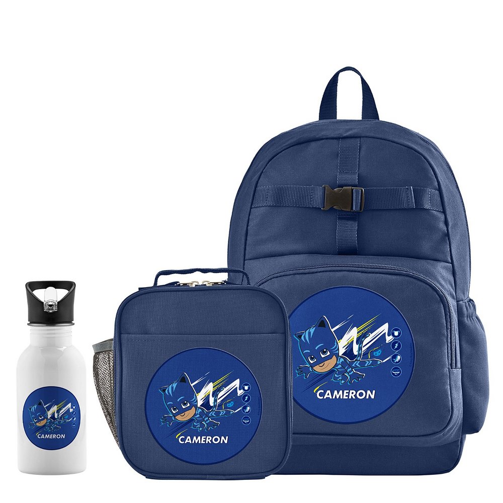 PJ Masks Character Backpack Collection - Navy - Backpack + Lunch Box + Water Bottle - Catboy