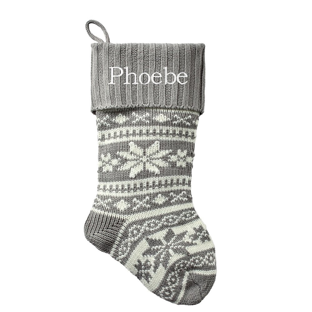Winter Snowflake Knit Stocking - Gray Cuff/White-Block