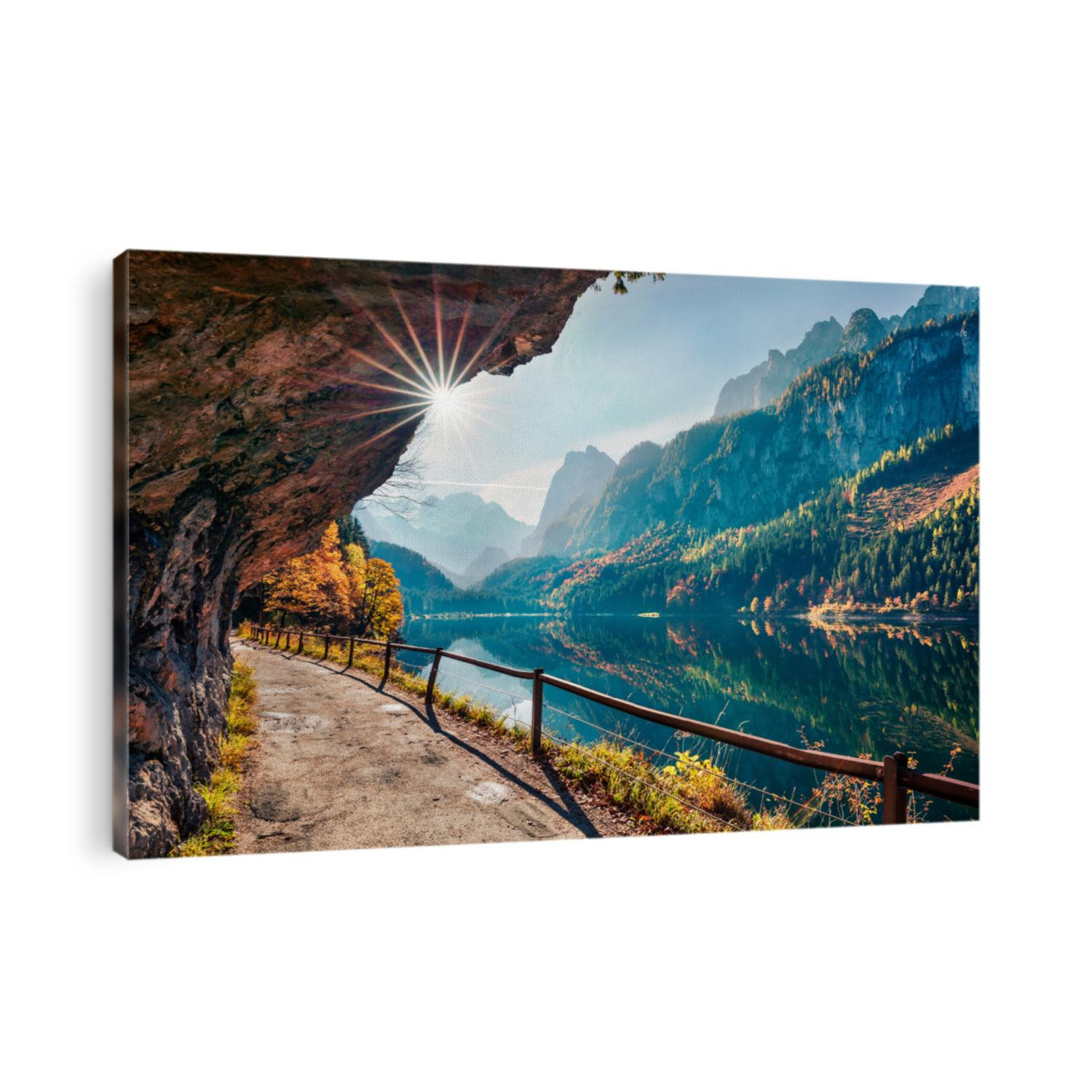 Sunny autumn scene of Vorderer ( Gosausee ) lake. Colorful morning view of Austrian Alps, Upper Austria, Europe. Beauty of nature concept background.