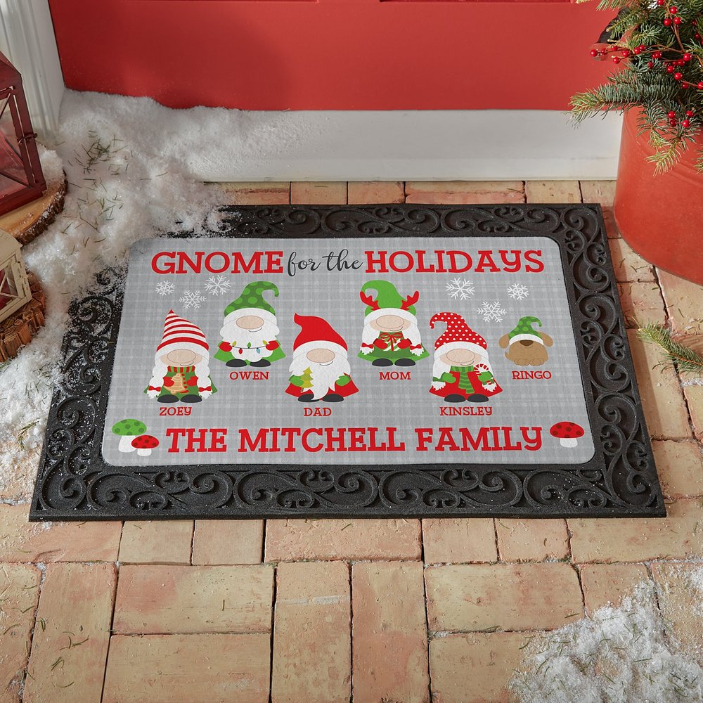 Festive Gnome Family Personalized Welcome Mat