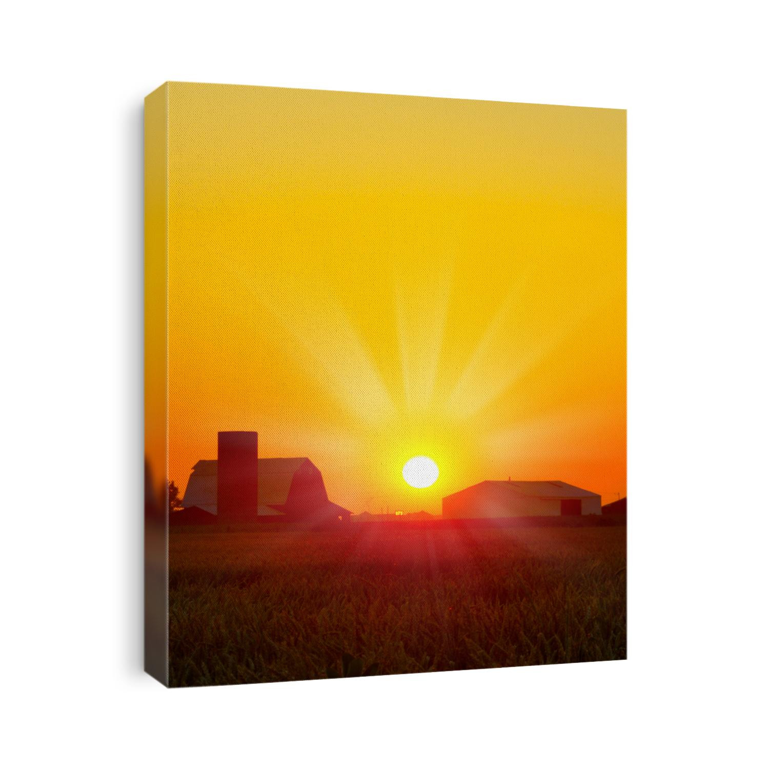 Brilliant orange sunrise over a Corn field in Iowa, and barn with a bright yellow sun on a cool fall morning.