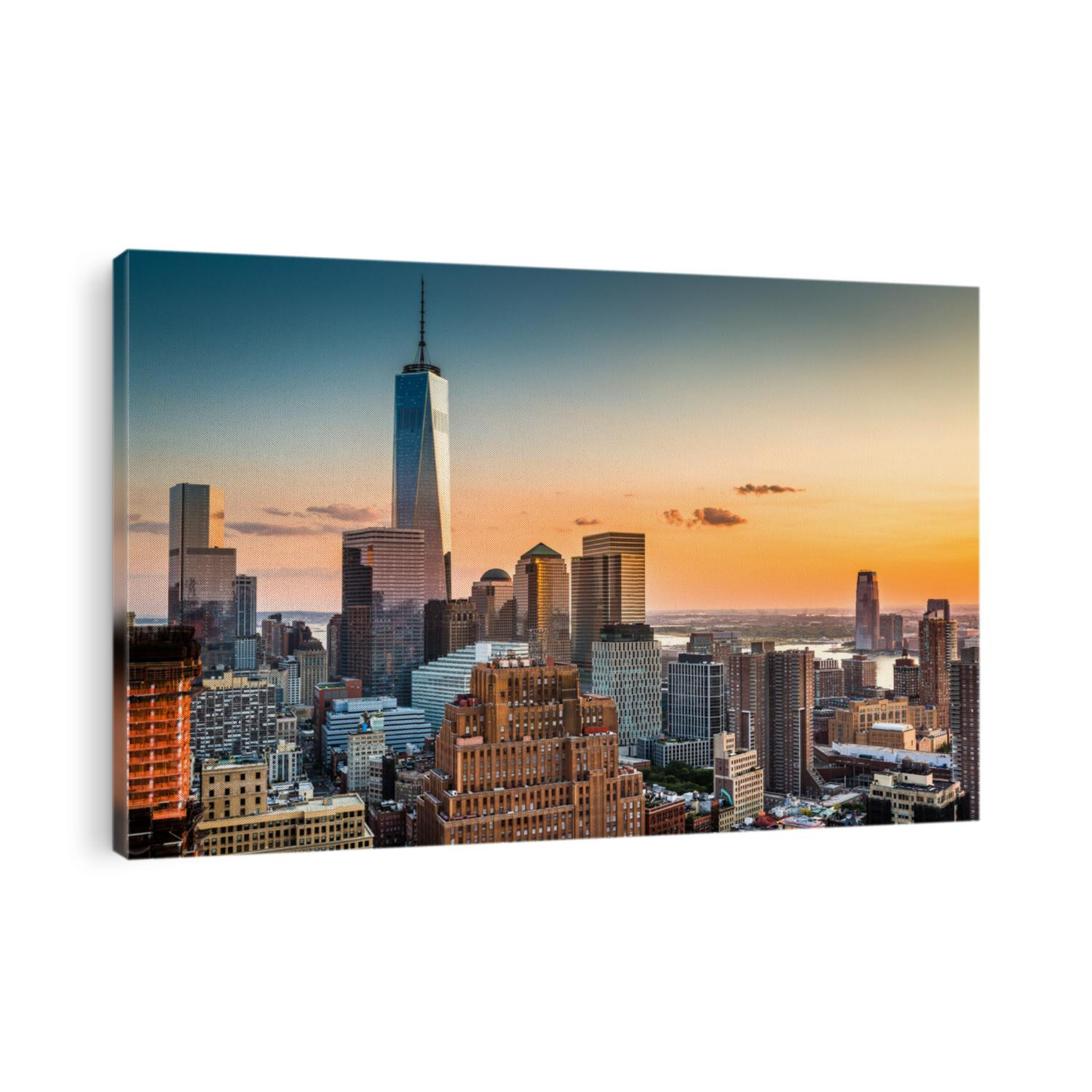 Lower Manhattan skyline at sunset