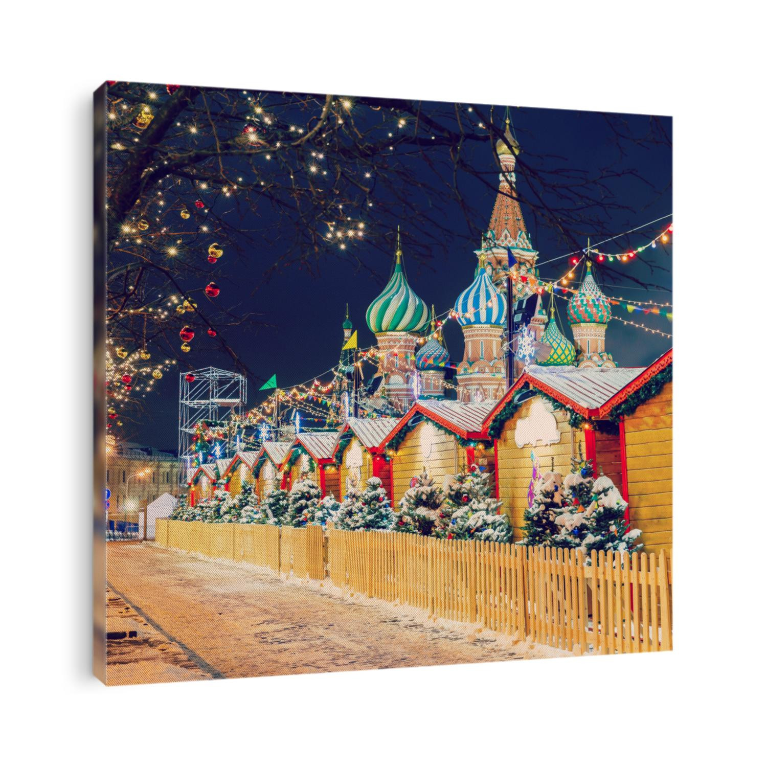 Decorations for New Year and holidays. Christmas balls on tree branches near to St. Basil's Cathedral on Red square in Moscow