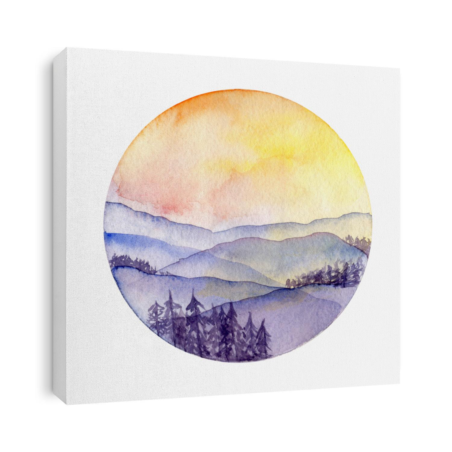 watercolor illustration of blue hills with christmas trees at sunset orange red yellow sky. circle shaped picture on white background