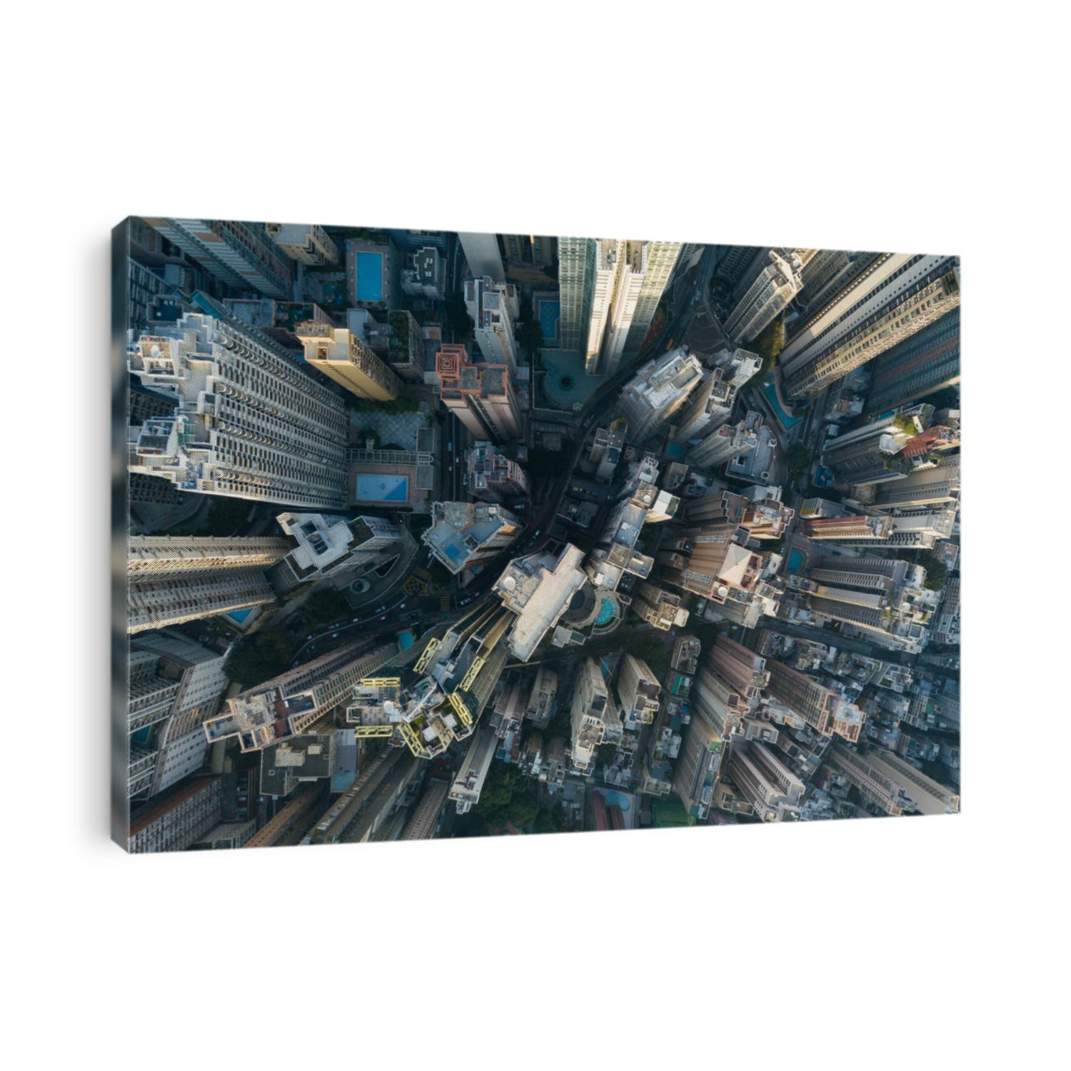 City Top View of Skyscrapers Building by drone Hong Kong city - Aerial view cityscape flying above Hong Kong City development buildings, energy power infrastructure Financial and business center Asia