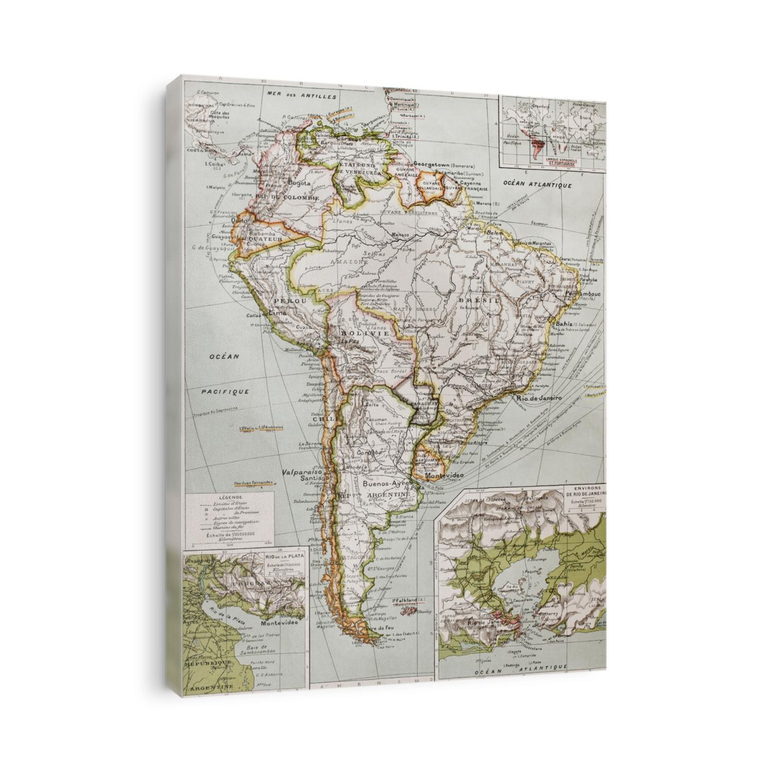 Southern America old map with Rio de la Plata mouth insert plan and Rio de Janeriro insert map.  By Paul Vidal de Lablache, Atlas Classique, Librerie Colin, Paris, 1894 (first edition)