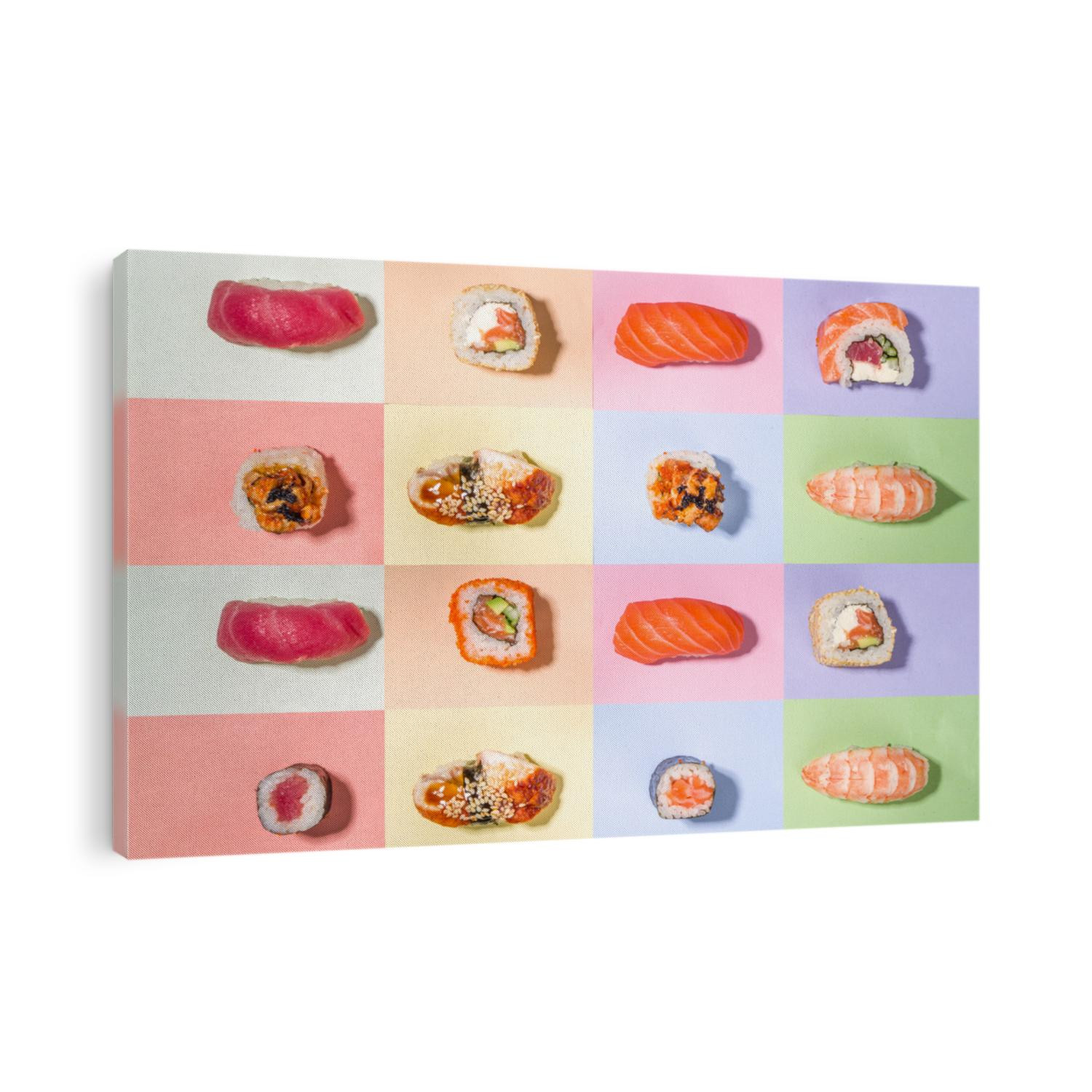 Sushi rolls set with rice and fish and chopsticks on various colorful bright backgrounds, trendy dark shadows flatlay