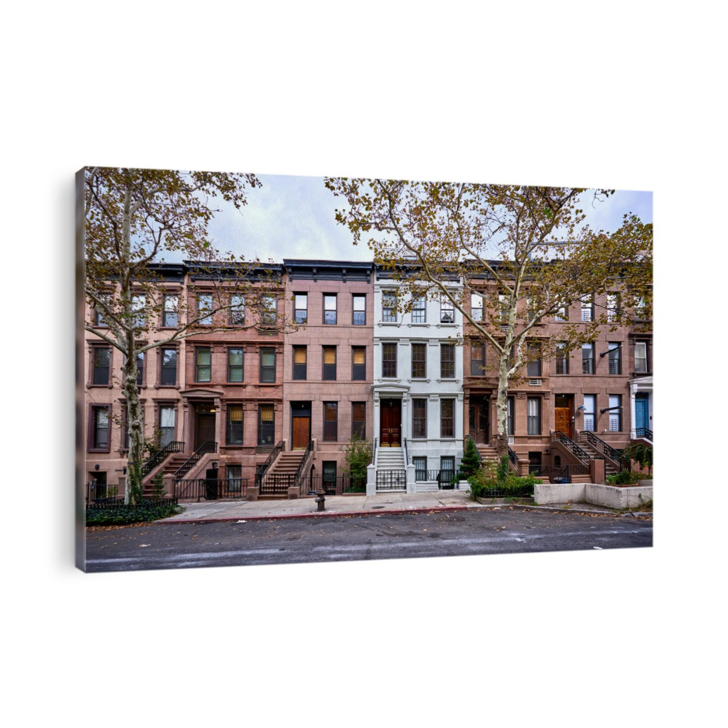 a view of a row of historic brownstones in an iconic neighborhood of Manhattan, New York City