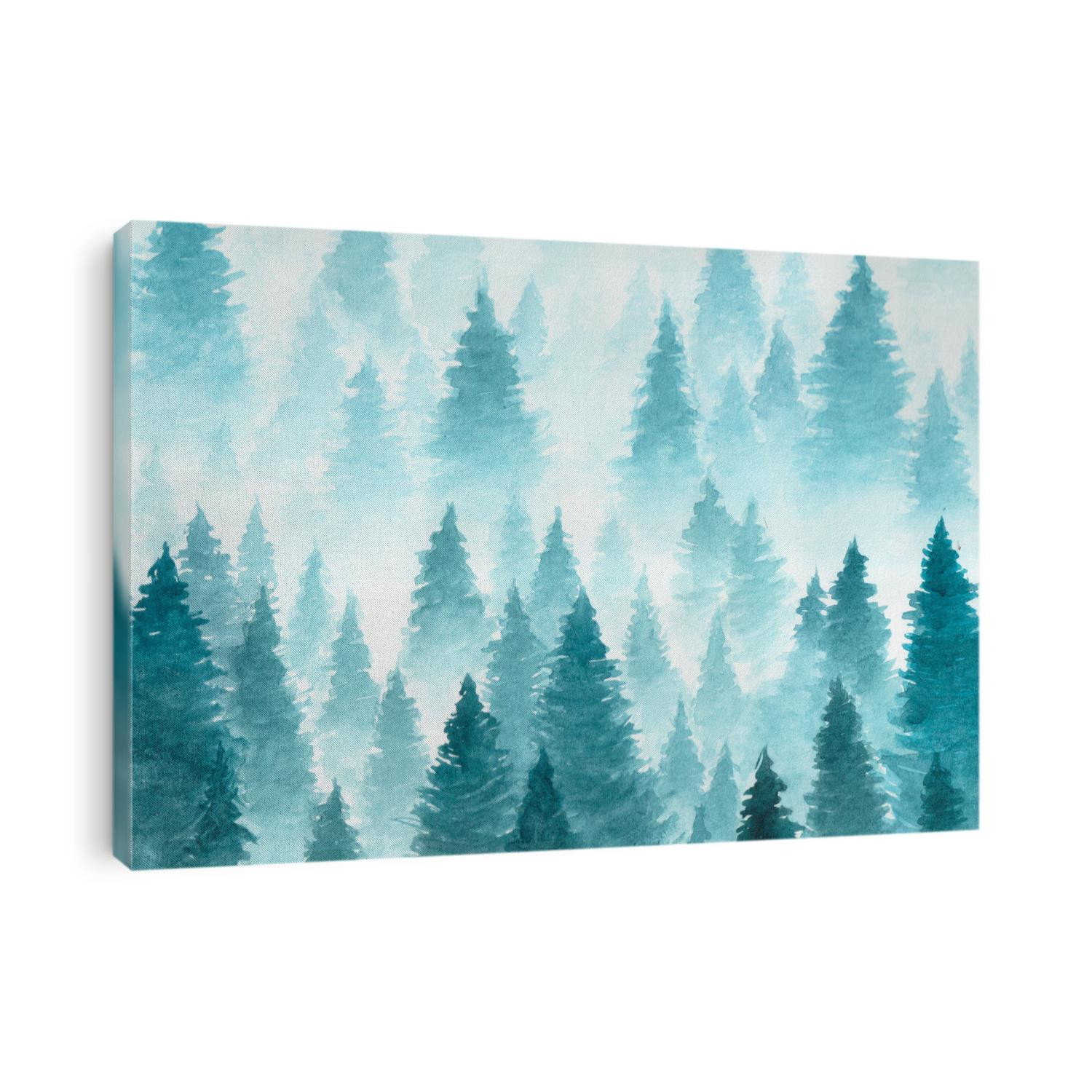 Hand Drawn Watercolor Painting of Winter Forest Landscape. Vector Taiga