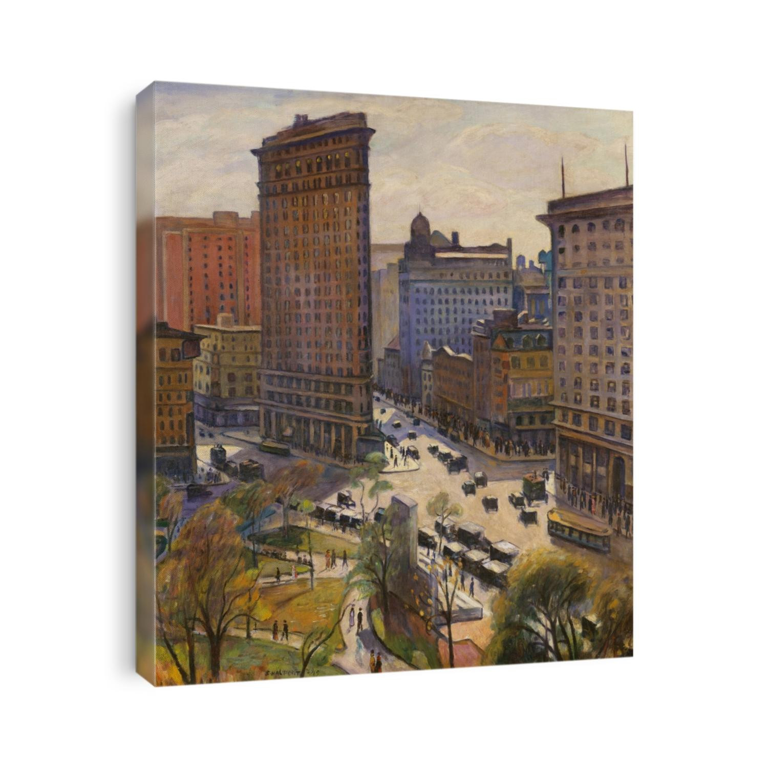 THE FLATIRON BUILDING, by Samuel Halpert, 1919, American painting, oil on canvas. Painting of New York's Flatiron building and Madison Square Park, is representative the artists stylized but still nat