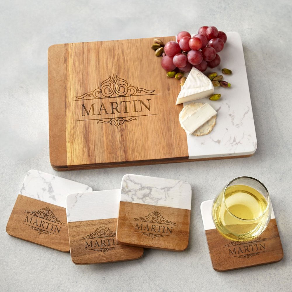 Wood and Marble Entertaining Personalized 5pc Set