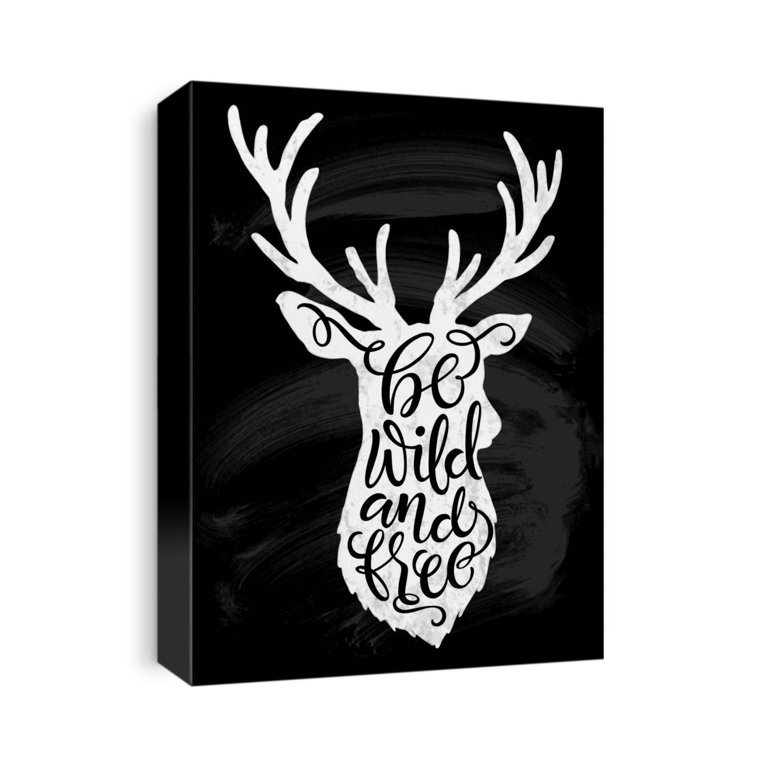 Vector illustration of deer silhouette. "Be wild and free" calligraphic or lettering poster or postcard. Chalk design