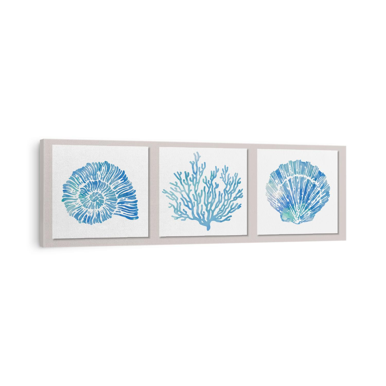 Set of sea elements in blue watercolor style: seashells, starfish, coral. Composition of illustrations on wall in white frames