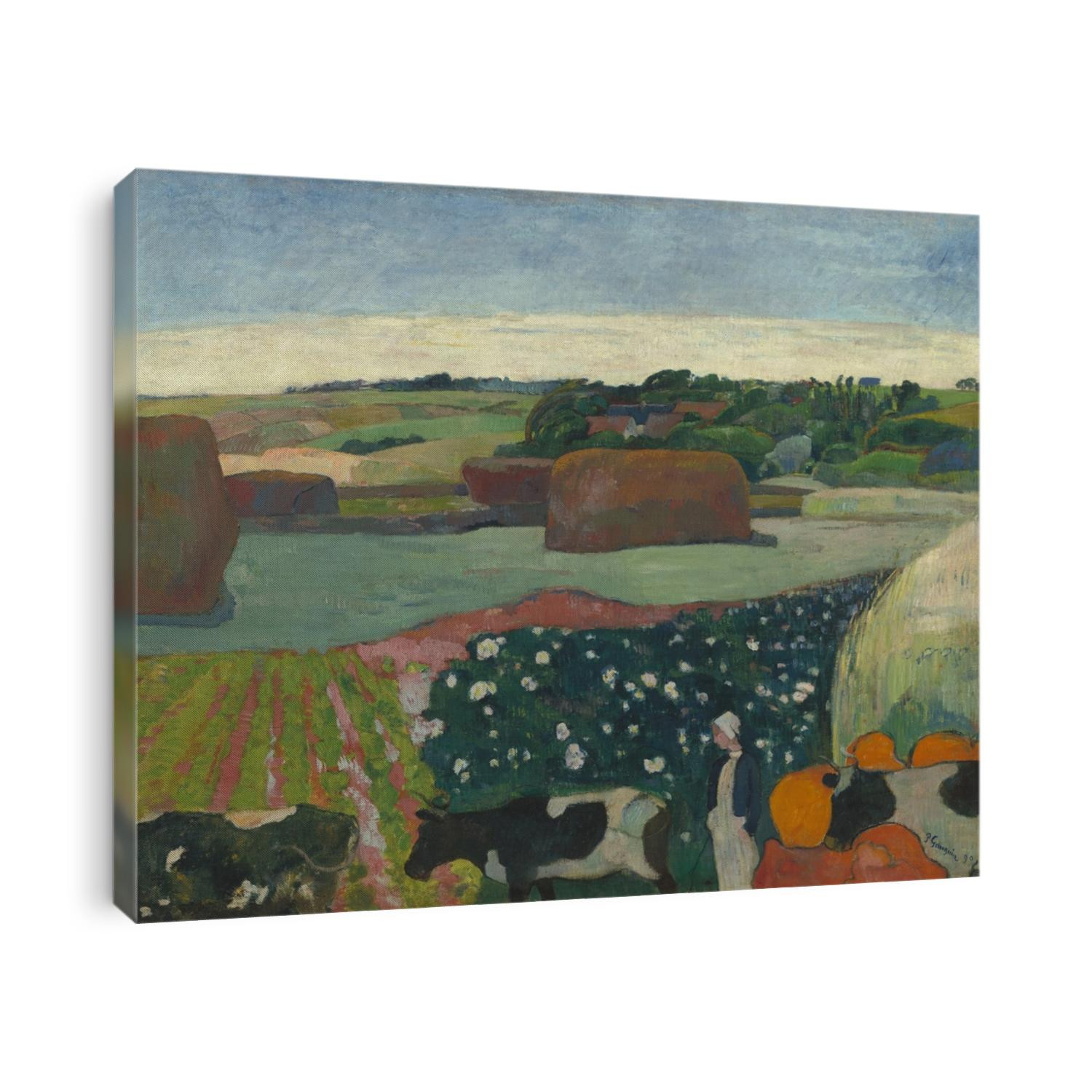 Haystacks in Brittany, by Paul Gauguin, 1890, French Post-Impressionist painting, oil on canvas. With forms simplified, abstracted to their essence, this stylized painting of Le Pouldu, Brittany, is