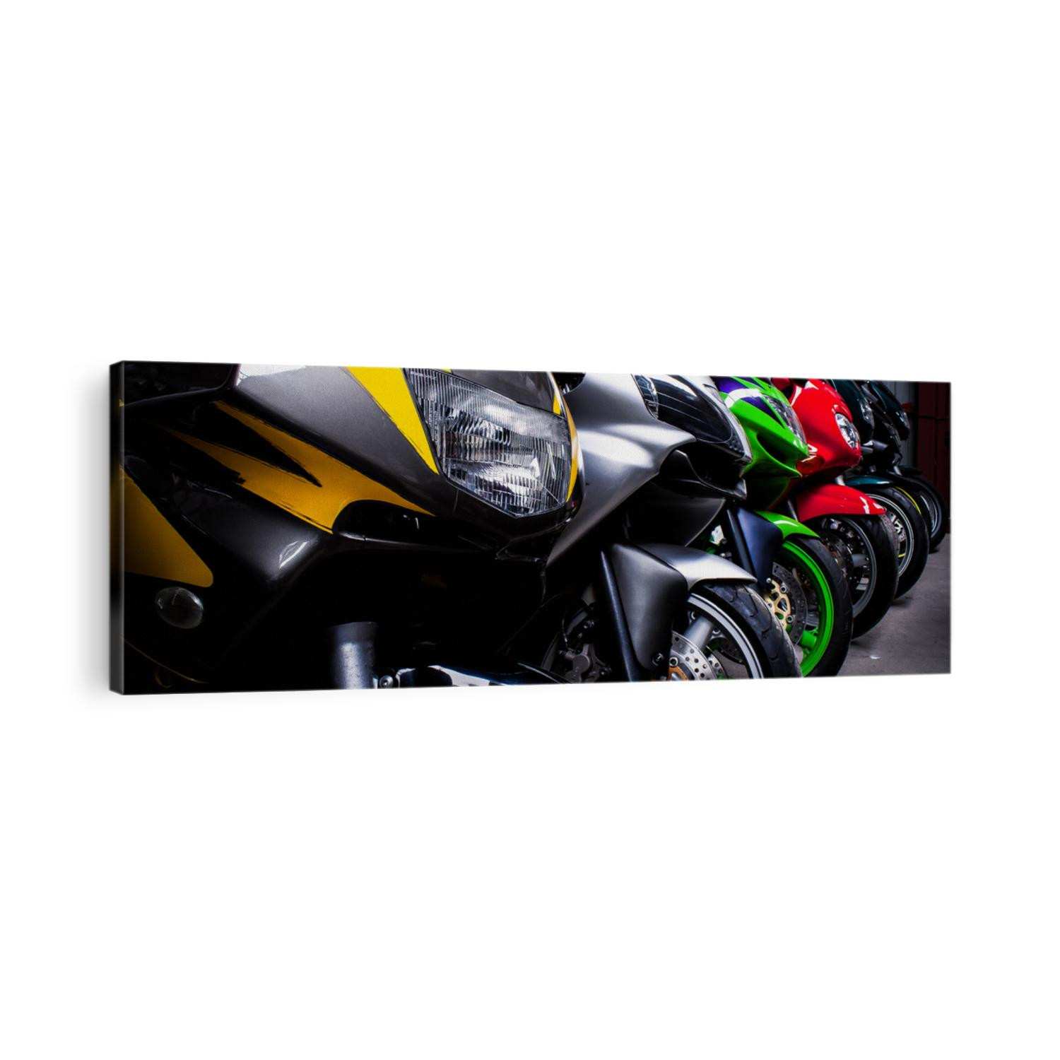 Colored sports, road beautiful bikes in a motor show, close up. Many motorcycles parked in a store. Sale of used cruise motorbikes in the cabin. Showroom equipment in the garage. Banner for web site
