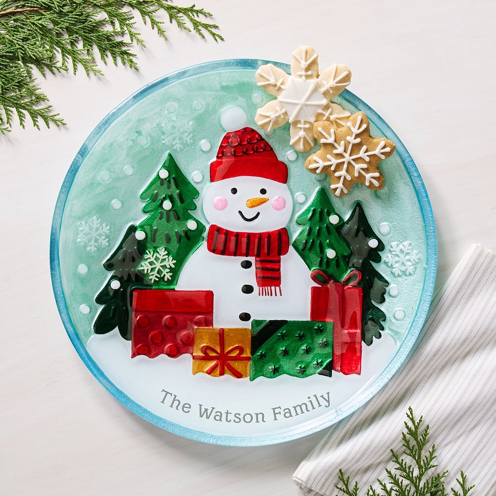 Cheerful Snowman Glass Plate
