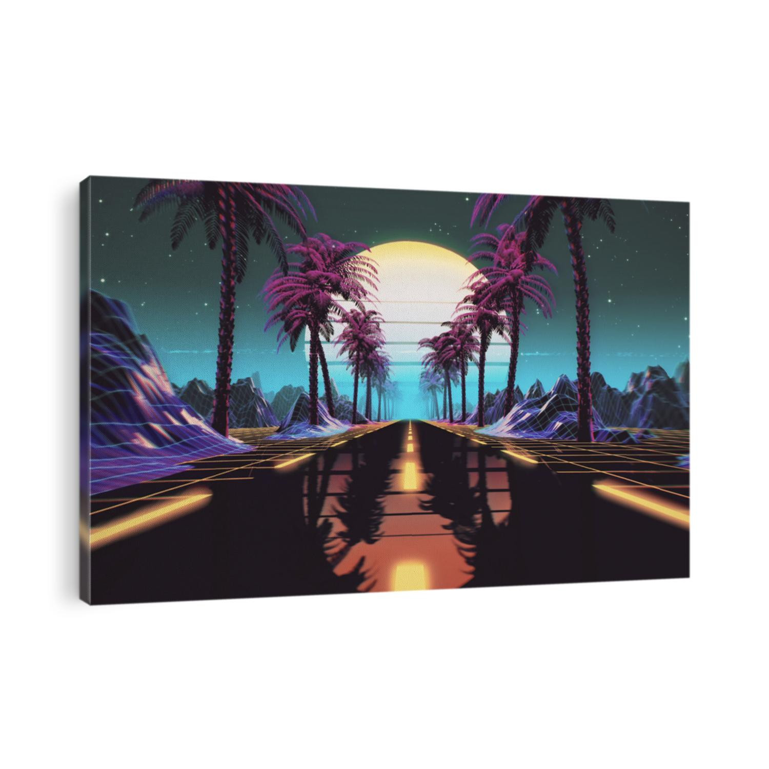 80s retro futuristic sci-fi background. Retrowave VJ videogame landscape with neon lights and low poly terrain grid. Stylized vintage cyberpunk vaporwave 3D render with mountains, sun and stars. 4K