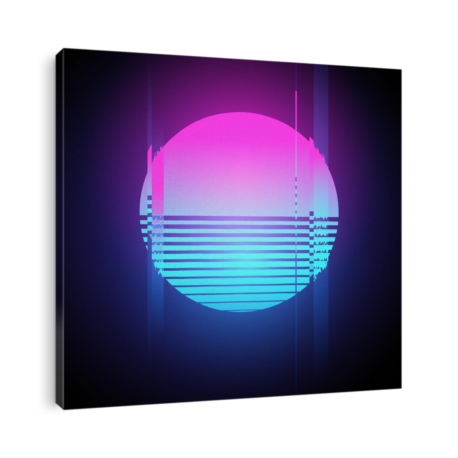 Retro 1980's glowing neon sun glitch effect. Vector illustration
