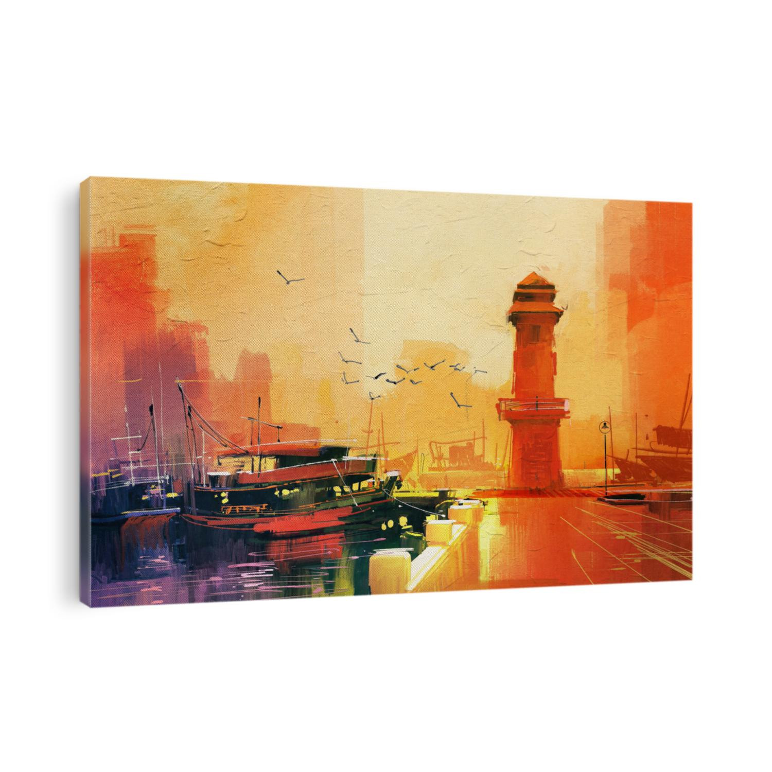 lighthouse and fishing boat at sunset,oil painting style