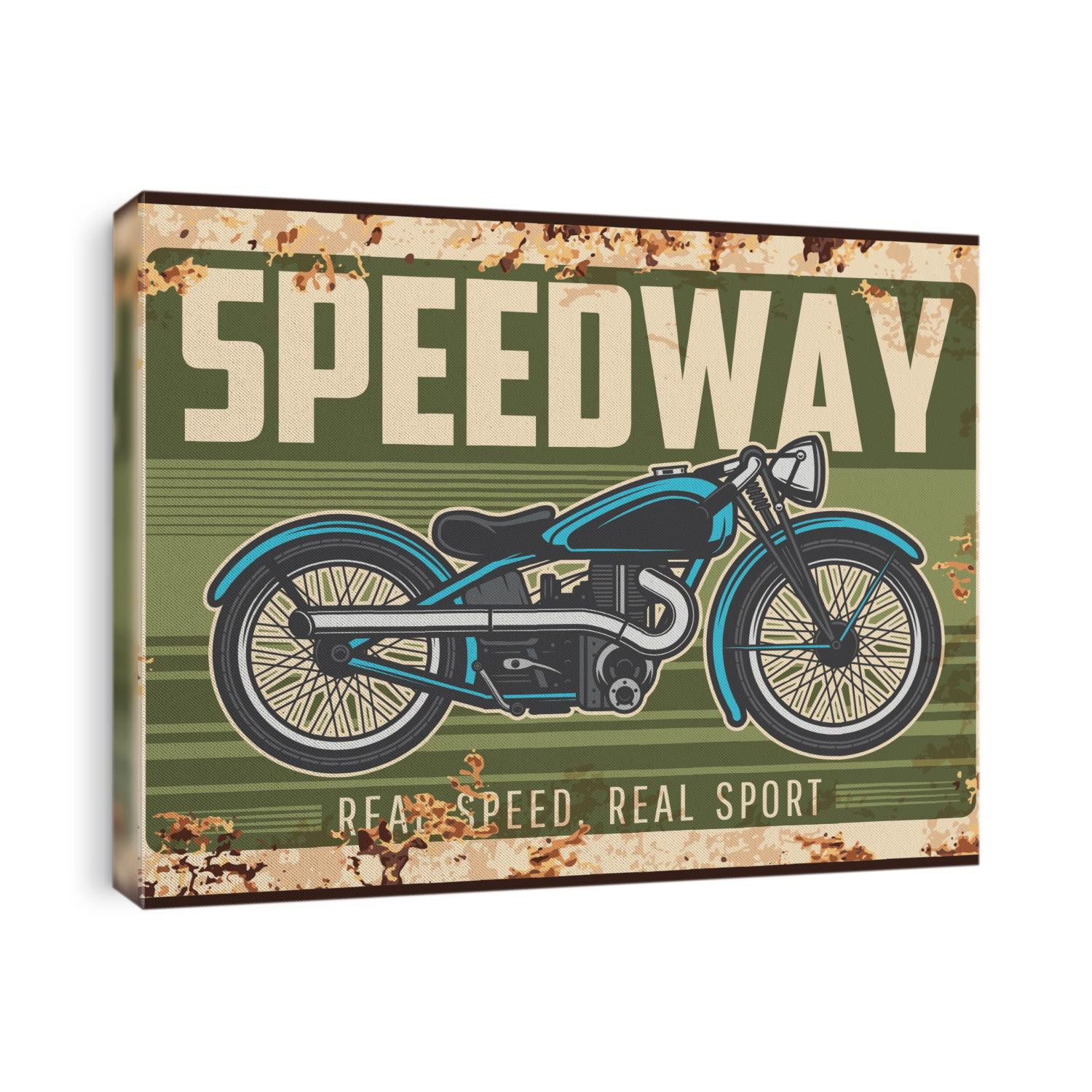 Speedway rusty metal plate with vintage motorcycle. Vector tin sign for biker club association, retro motorbike garage, ferruginous grunge card with american motor bike or classic antique chopper