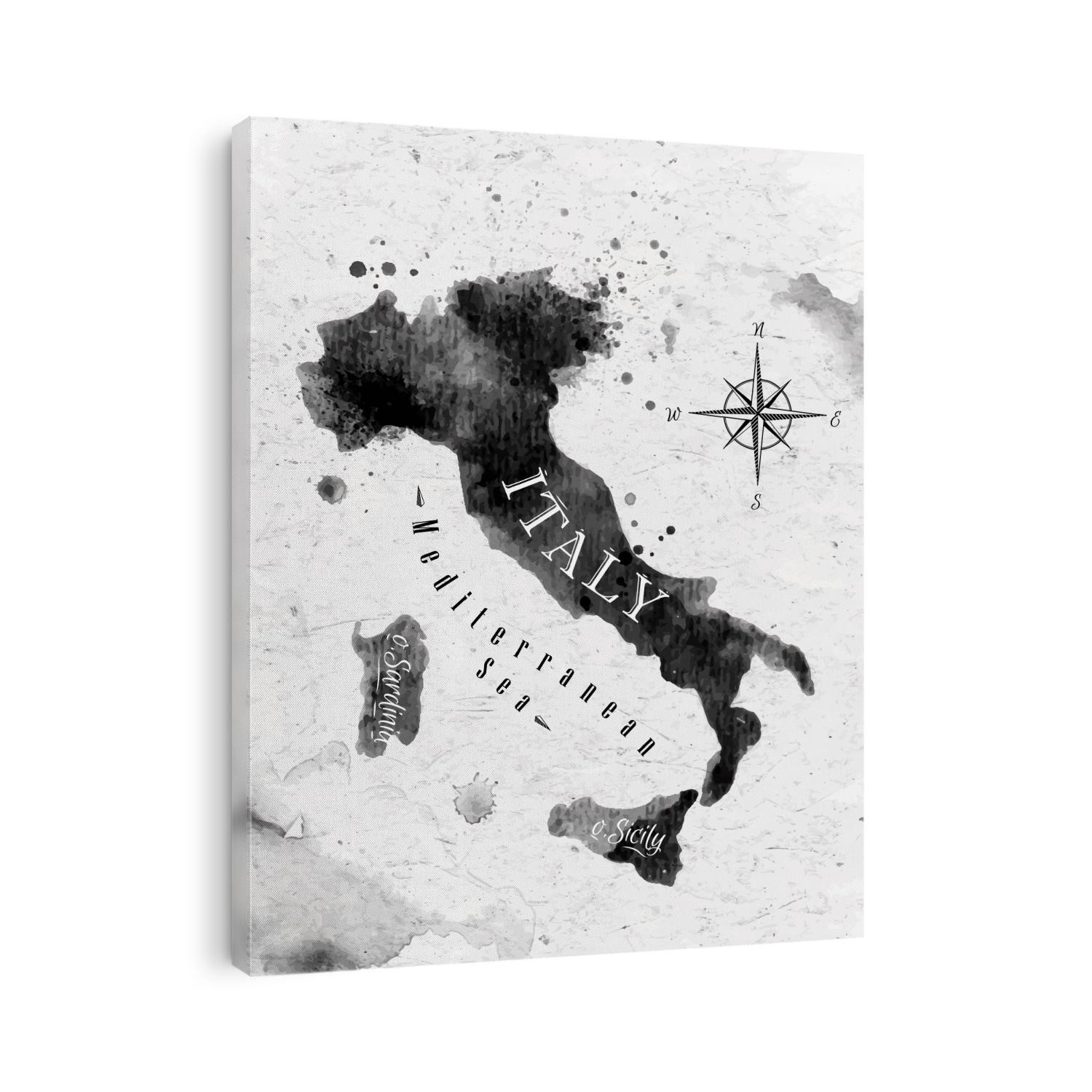 Ink Italy map in black and white graphics in vintage style.