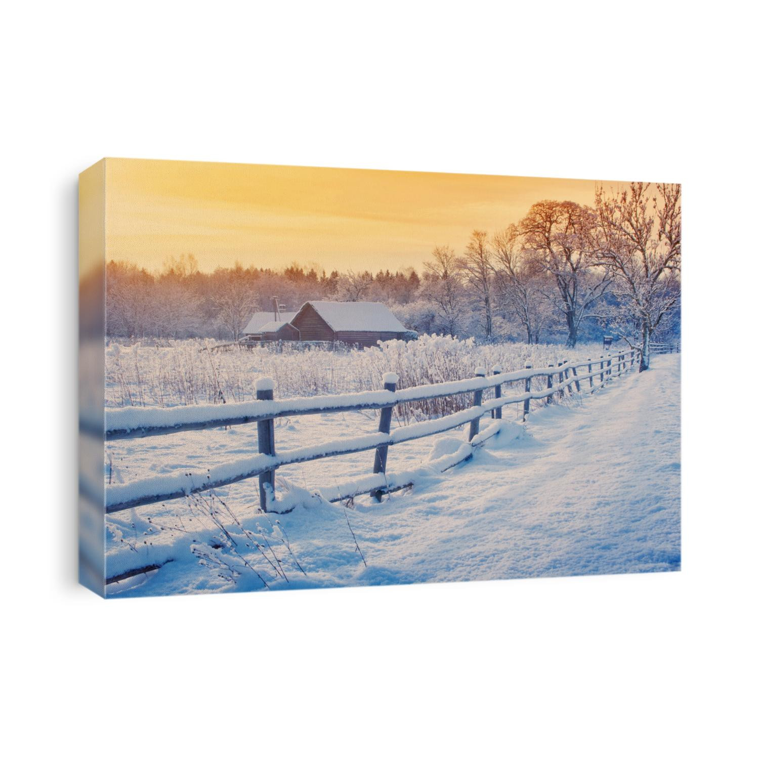 Rural house with a fence in winter. Village after snowfall
